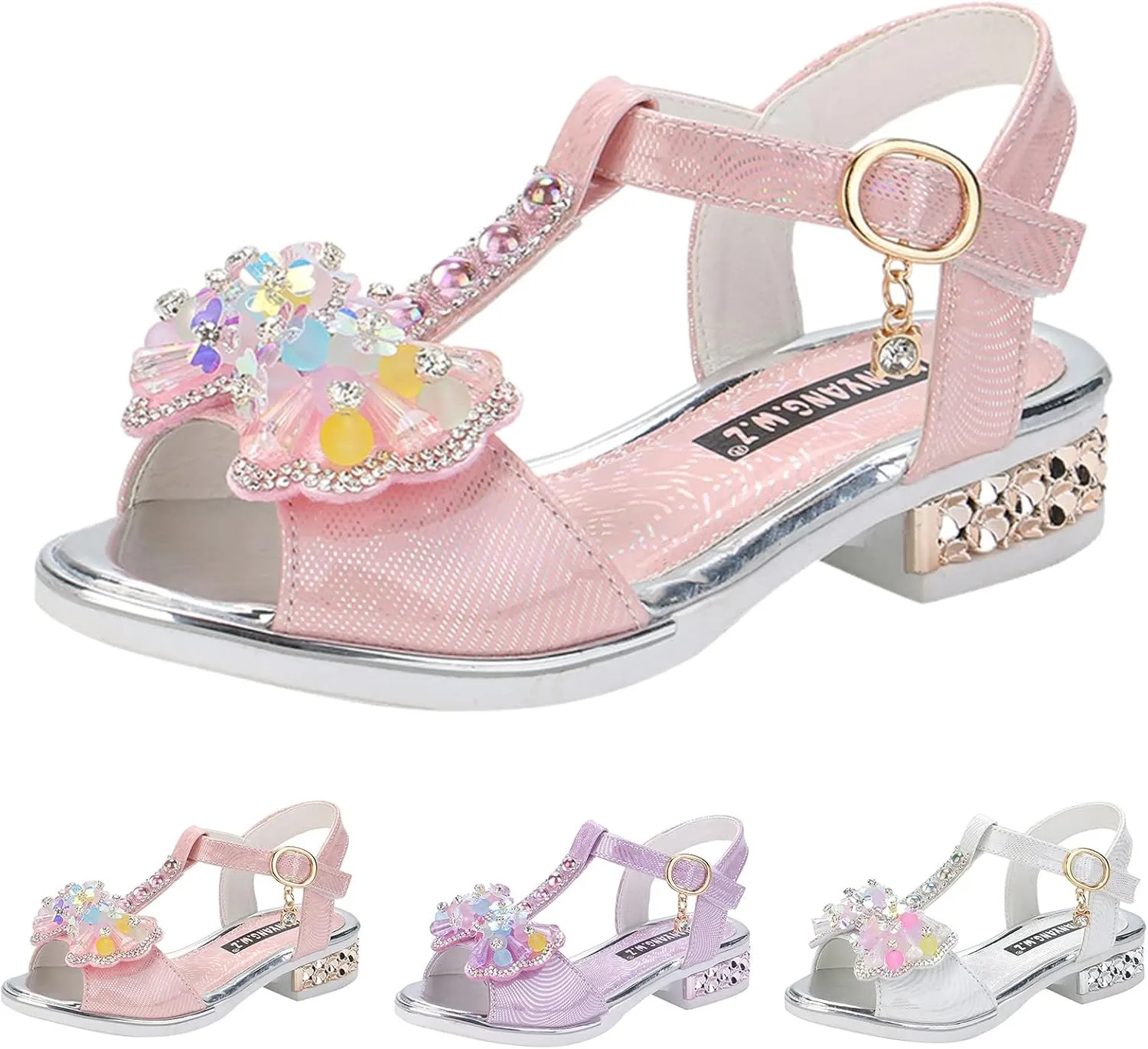 Girls Sandals Bow Pearl Sequins Pumps Wedding School Party Dress Shoes Open Toe T-Strap Low Heel Sandal For Kids