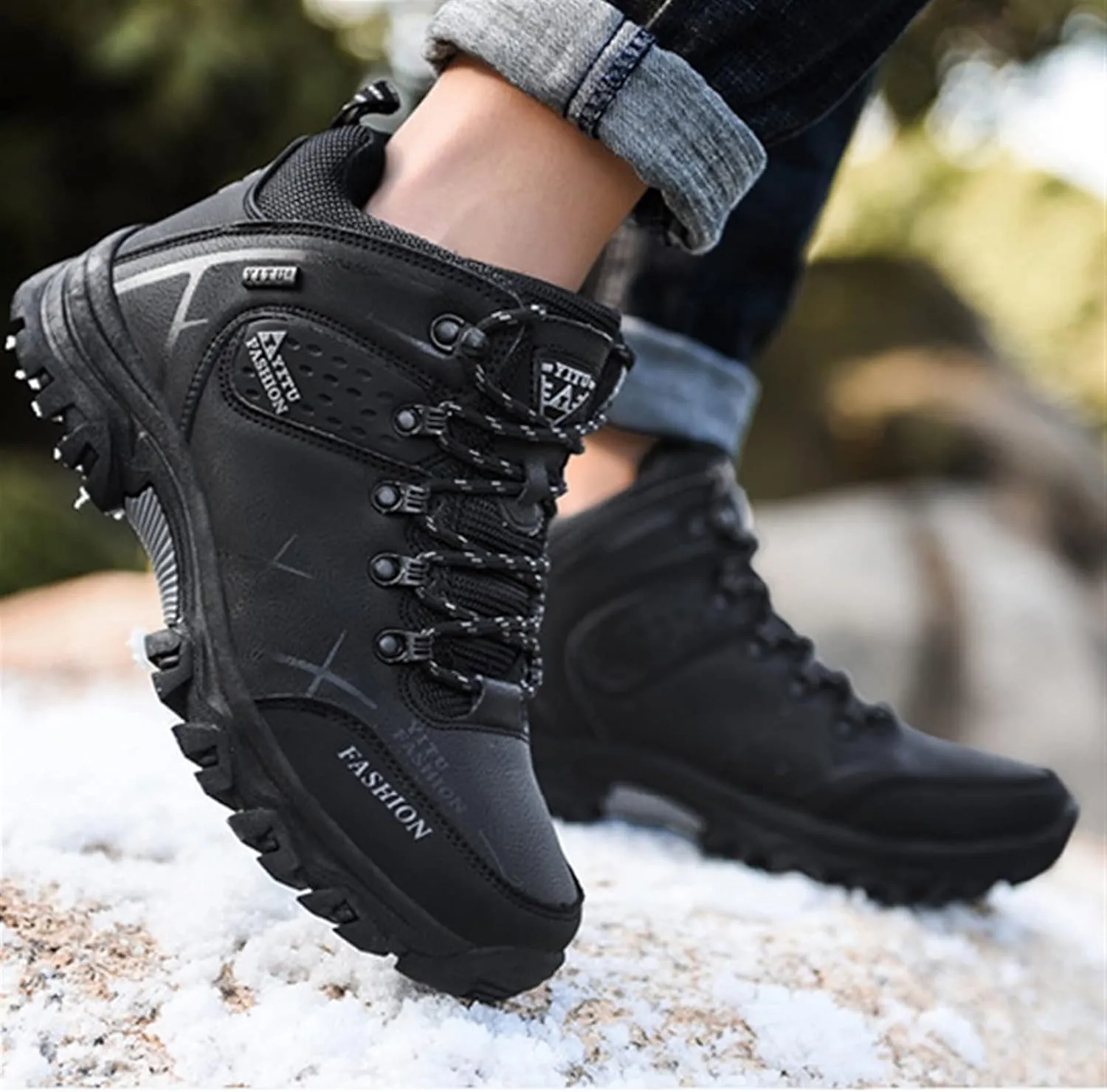 High Rise Hiking Boots, Mens Hiking Shoes, Winter Warm Outdoor Sport Trekking Safety Footwear, Breathable Lace- up Non- Slip High Rise Trainers Boots, for Walking,Travelling,Backpacking,Camping,Bikin