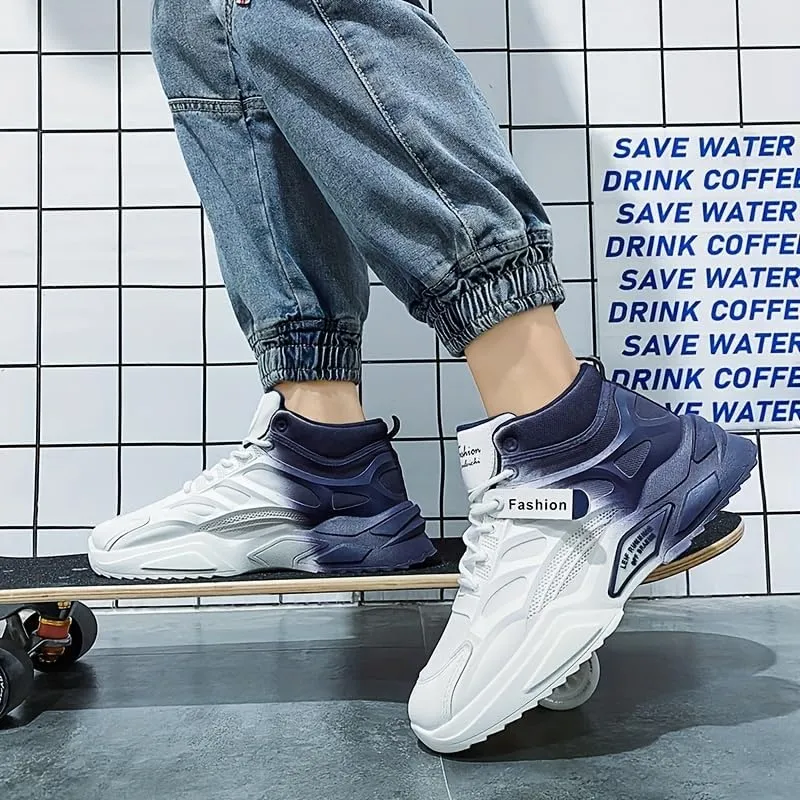 High-Top Gradient Lace-Up Skate Sneakers - Breathable, Good Grip, Comfortable Design - Men's Casual Outdoor Activities