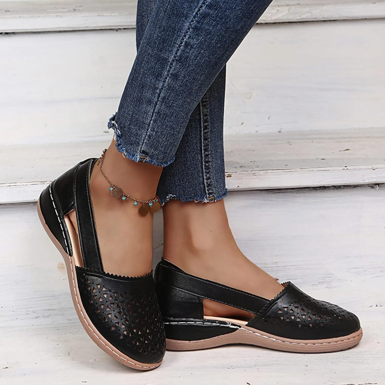 Hollow Out Sandals for Women Fashion Black Beach Shoes Solid Color Magnolia Aster Loafer Flat Workout Dressy