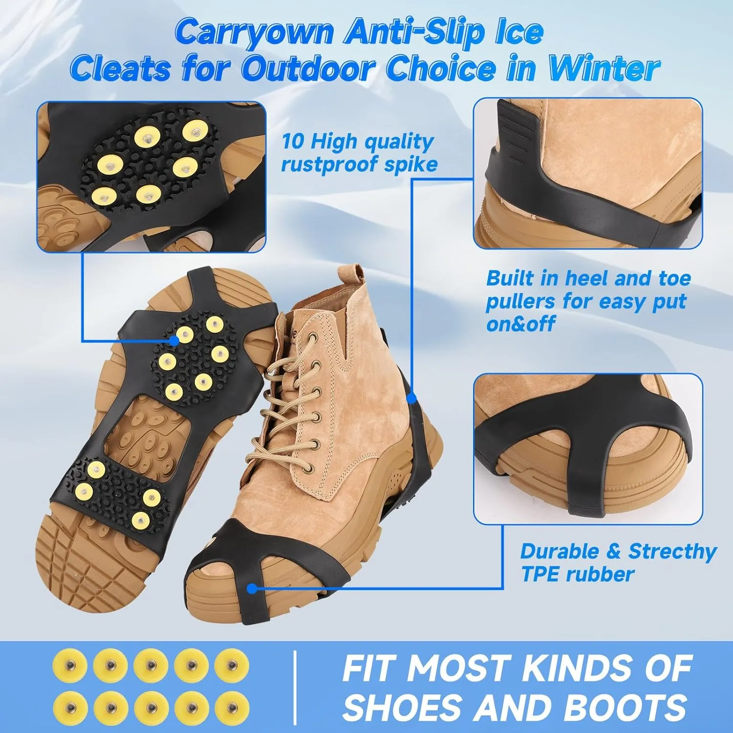 Ice Cleats for Boots Shoes, Ice Shoe Grips Anti Slip for Men Women, Rubber Snow Cleats, Spikes Crampons for Hiking Boots and Shoes   10 Extra Replacement Studs (S, M, L, XL)