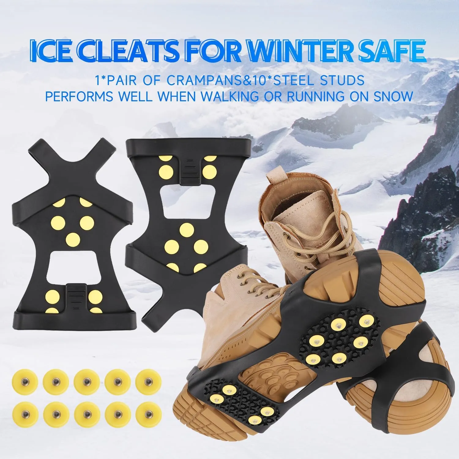 Ice Cleats for Boots Shoes, Ice Shoe Grips Anti Slip for Men Women, Rubber Snow Cleats, Spikes Crampons for Hiking Boots and Shoes   10 Extra Replacement Studs (S, M, L, XL)