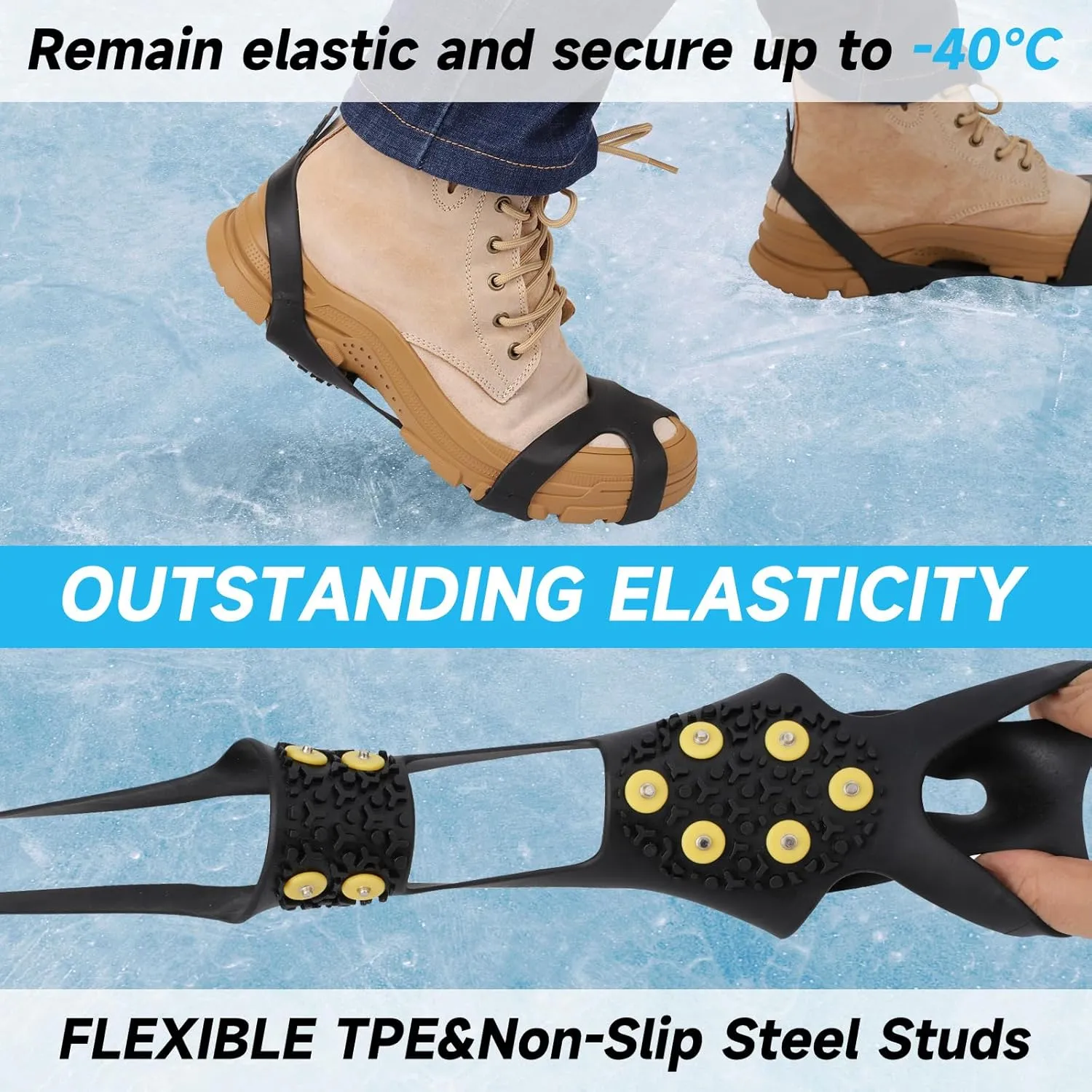 Ice Cleats for Boots Shoes, Ice Shoe Grips Anti Slip for Men Women, Rubber Snow Cleats, Spikes Crampons for Hiking Boots and Shoes   10 Extra Replacement Studs (S, M, L, XL)