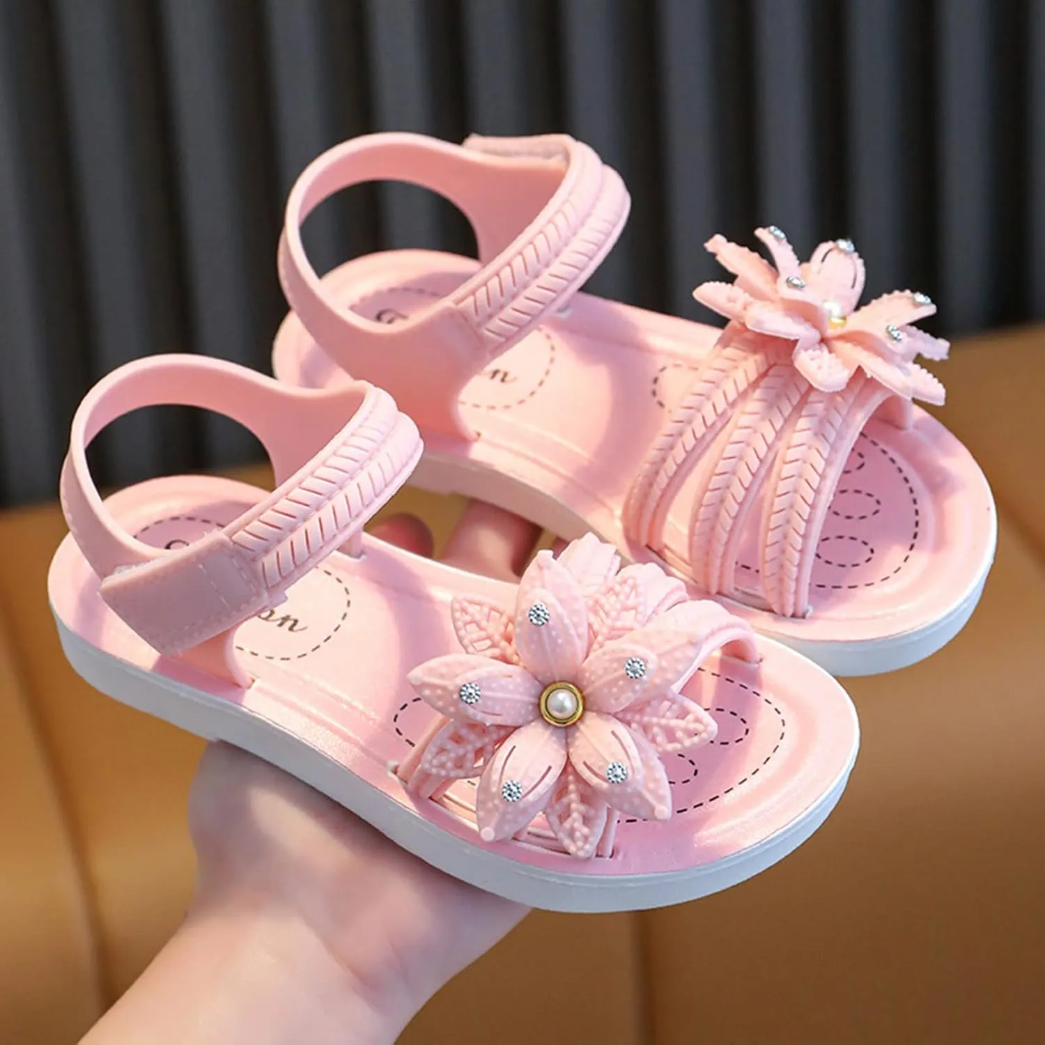 𝗣ink Flower Princess Sandals For Girls Open Toe Wide Dress Shoes With Strap Girls Kids Summer Casual Beach Pool Loafers