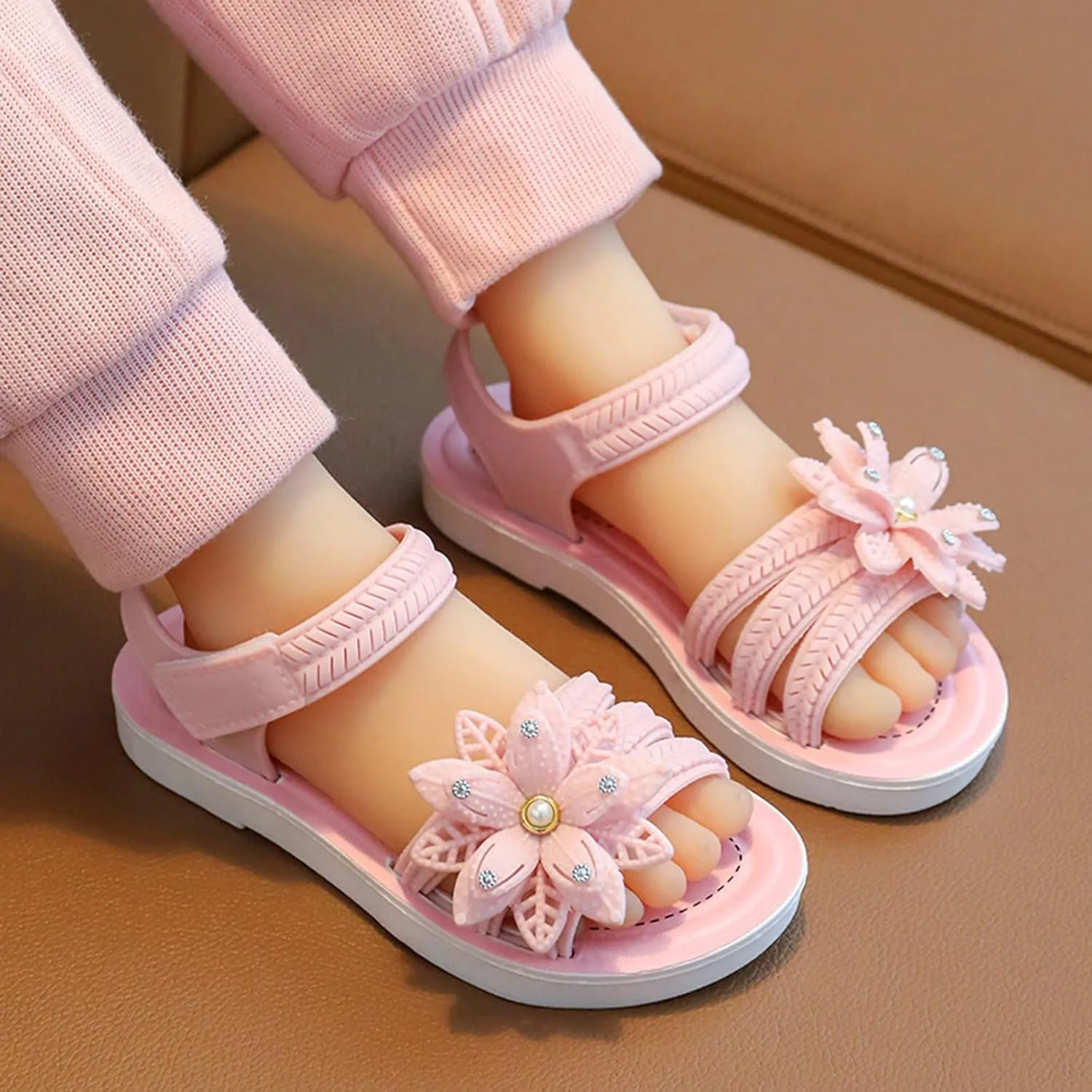 𝗣ink Flower Princess Sandals For Girls Open Toe Wide Dress Shoes With Strap Girls Kids Summer Casual Beach Pool Loafers