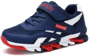 Kids Athletic Running Shoes, Navy Blue and White, Hook and Loop Closure, Breathable Mesh