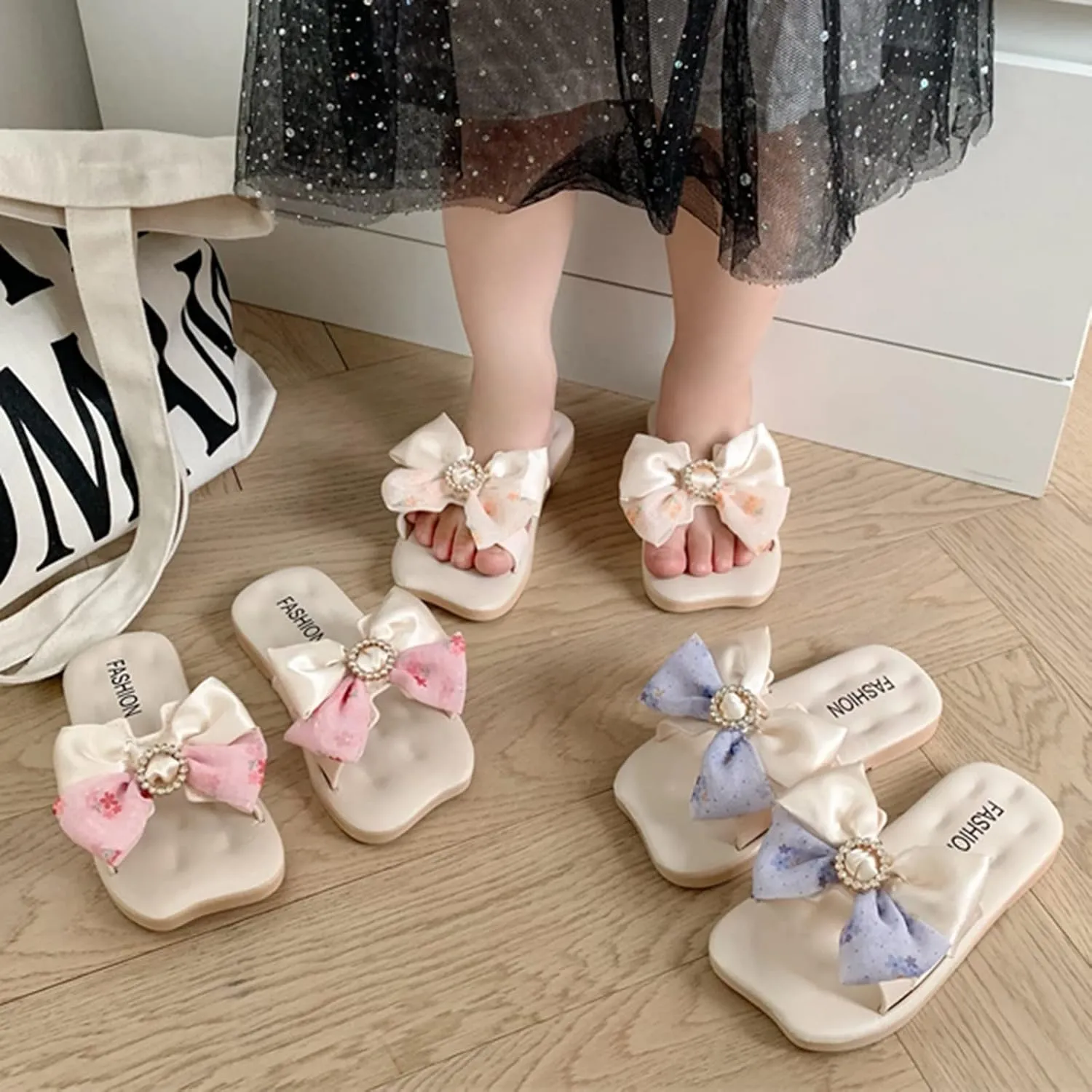 Kids Girls Wedding 𝗣a𝐫𝐭y Slippers Square Head Open Toe Flat with Sparkling Bow Satin Bow Sparkling Slippers
