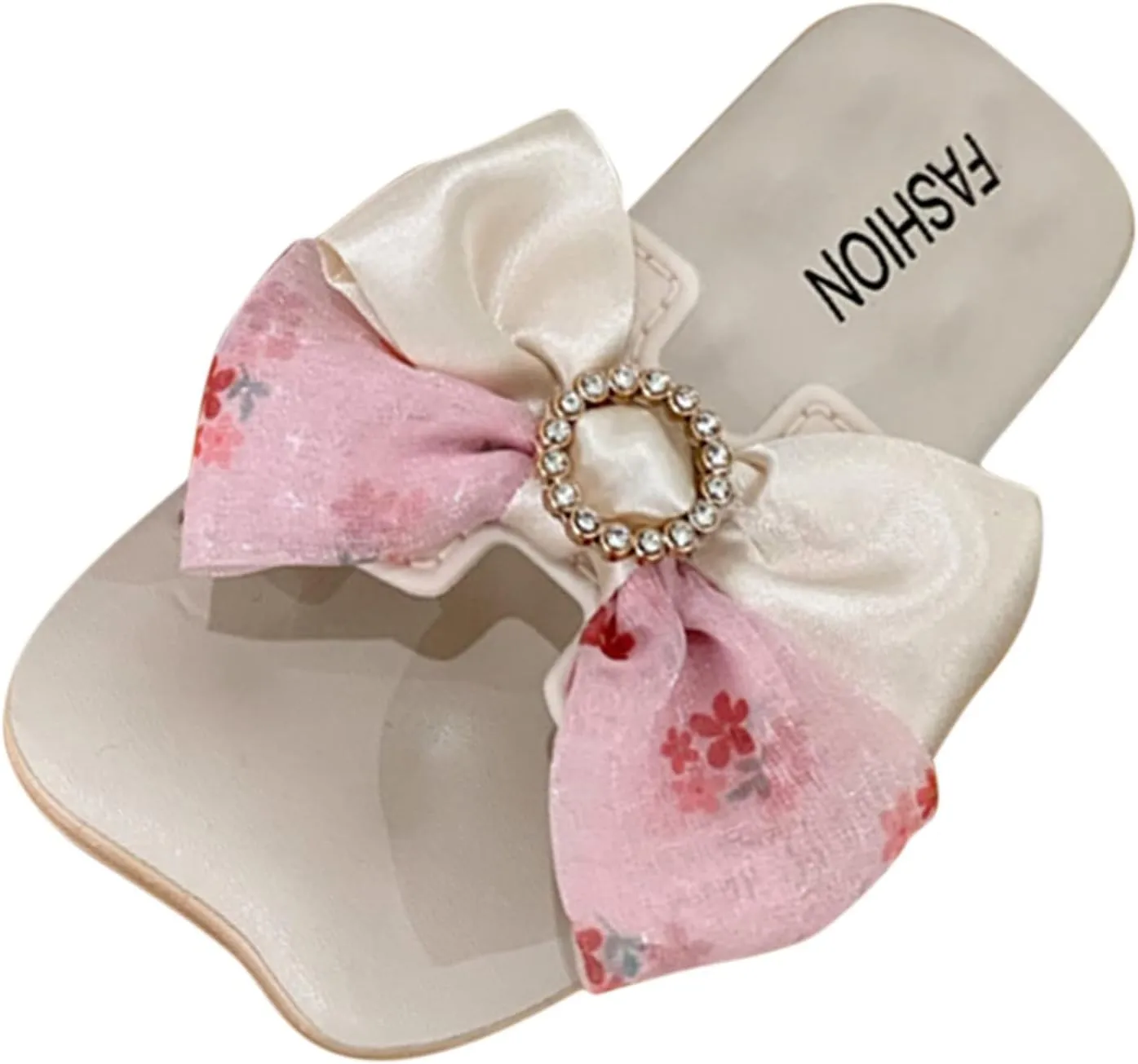 Kids Girls Wedding 𝗣a𝐫𝐭y Slippers Square Head Open Toe Flat with Sparkling Bow Satin Bow Sparkling Slippers
