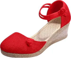 Ladmiple Espadrille Sandals For Women Closed Toe Dressy Platform Sandals Slip on Elastic Ankle Strap Wedges Sandals