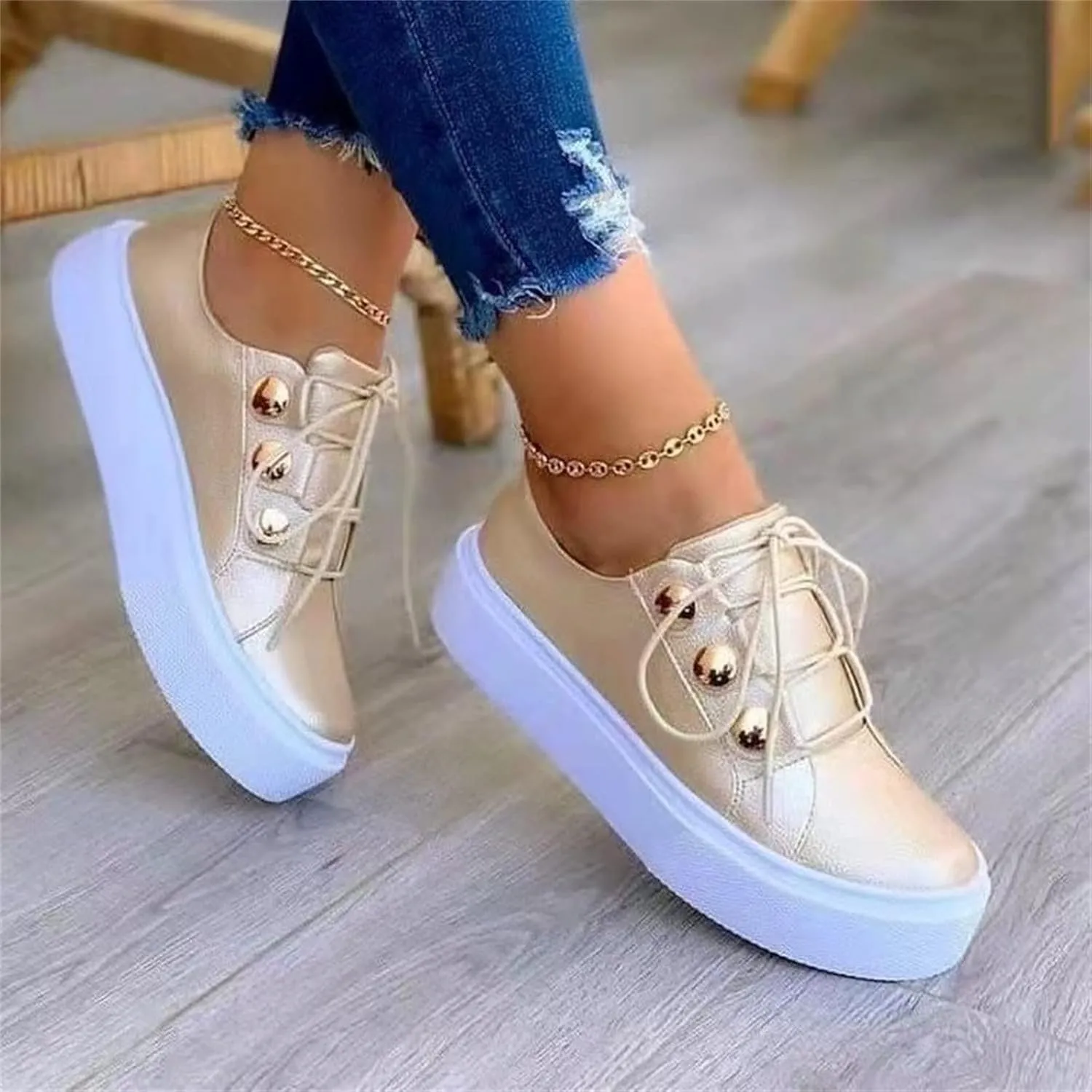 Ladmiple Shoes For Women Sneakers Slip Ons Lace Up Fashion Casual Summer Platform Leather Walking Shoes Flats Loafers