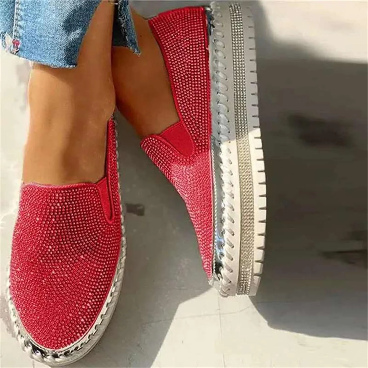 Ladmiple Sneakers For Women Walking Shoes Wide Width Rhinestone Sneakers Slip On Dressy Summer Glitter Sparkly Loafers