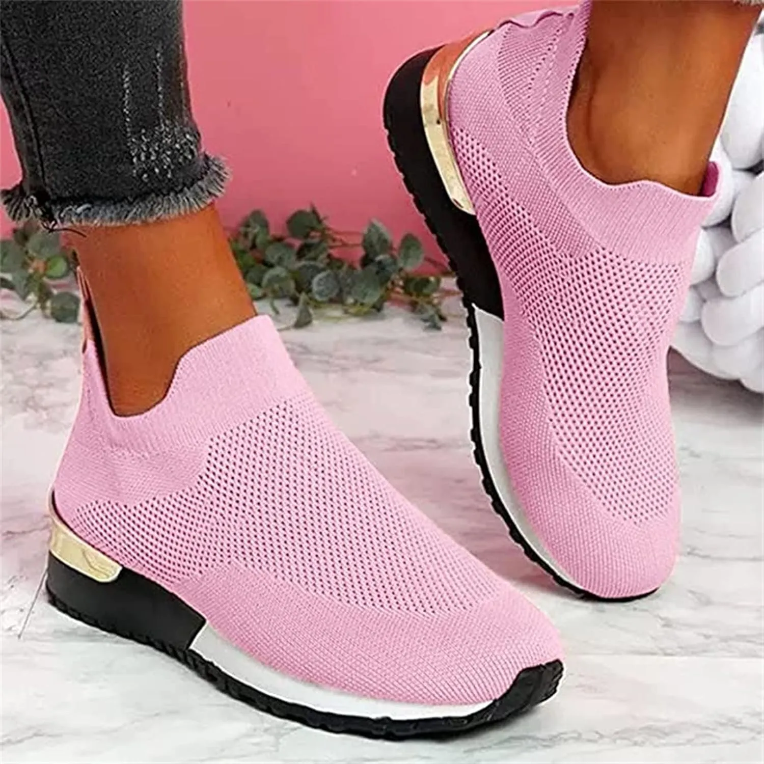 Ladmiple Walking Shoes Women Arch Support Slip On Sneakers Memory Foam Lightweight Casual Athletic Running Sneakers for Gym