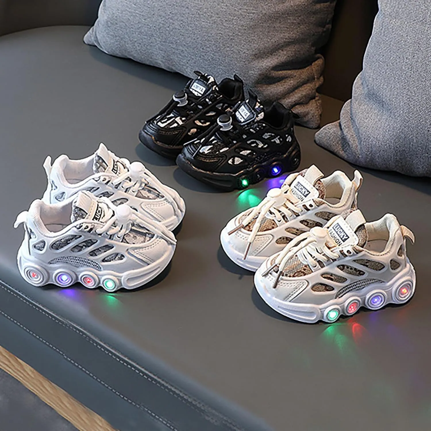Light Up Shoes for Kids Fashion Adjustable Strap Lace-Up Athletic Sport Walking Sneakers for Little Boys Girls