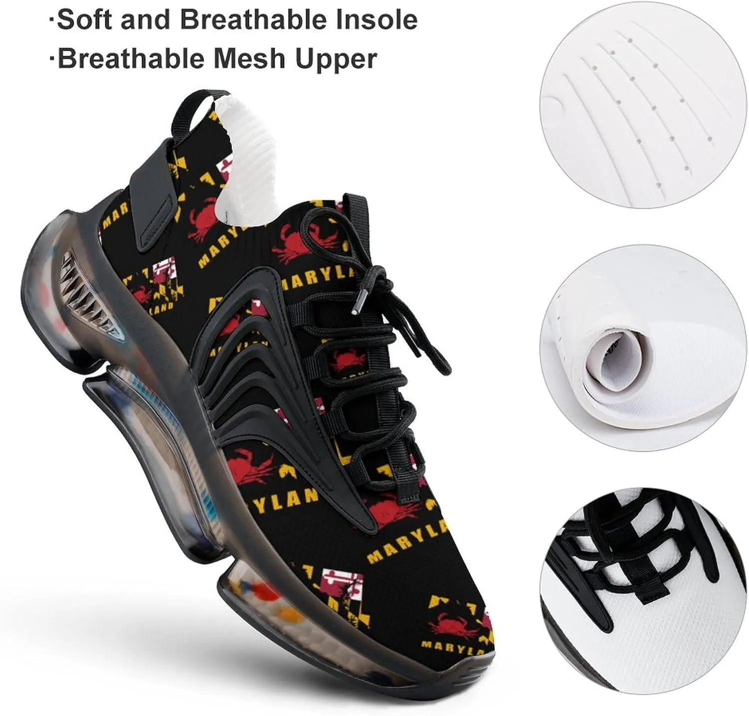 Maryland Map Crab Men's Running Shoes Lightweight Walking Shoe Breathable Sneaker