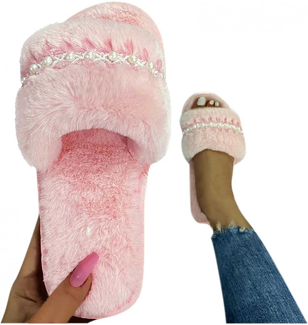 Masbird House Slippers for Women Memory Foam Slip On Slippers Warm Plush Outdoor Indoor Shoes Open Toe Fluffy Cozy Slippers Pink