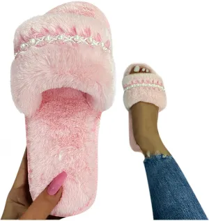 Masbird House Slippers for Women Memory Foam Slip On Slippers Warm Plush Outdoor Indoor Shoes Open Toe Fluffy Cozy Slippers Pink