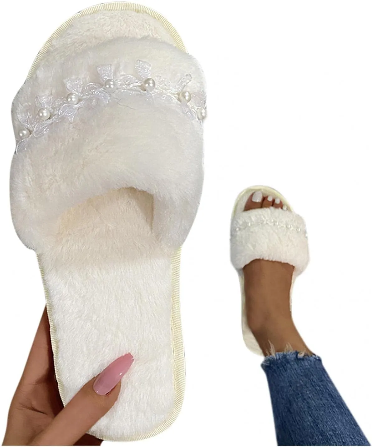 Masbird House Slippers for Women Memory Foam Slip On Slippers Warm Plush Outdoor Indoor Shoes Open Toe Fluffy Cozy Slippers White