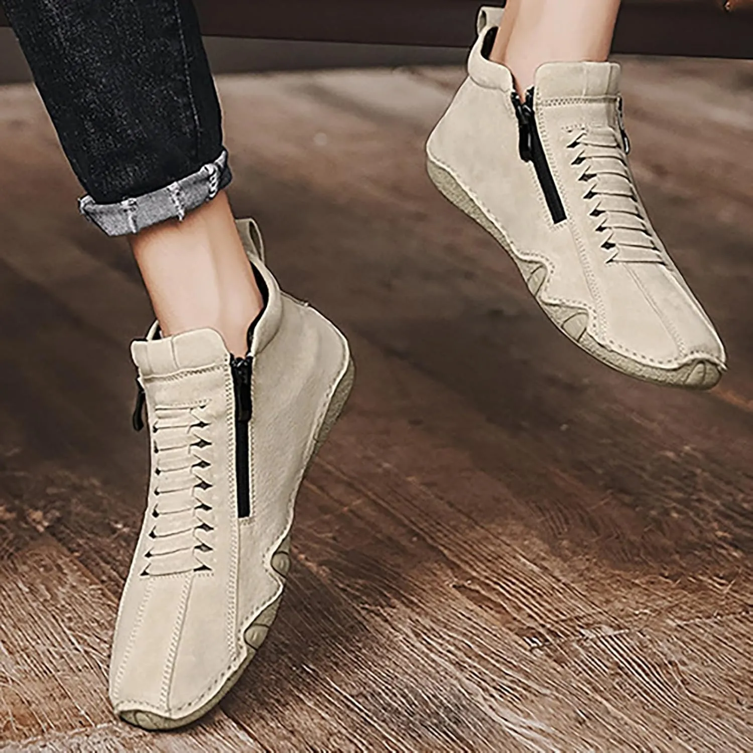Men's Casual Barefoot Shoes 2025 Breathable Comfy Flat Bottom Bussiness Casual Shoes for Work Side Zip Non Slip Plus Size Leather Loafers for Men