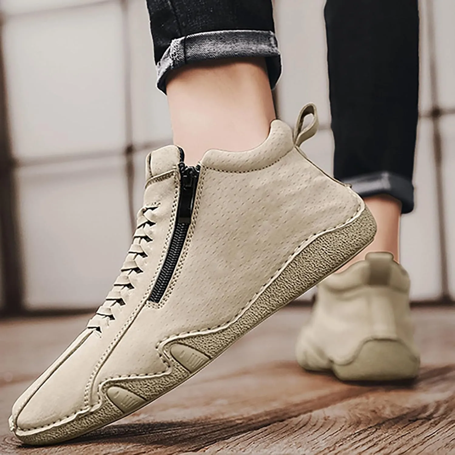 Men's Casual Barefoot Shoes 2025 Breathable Comfy Flat Bottom Bussiness Casual Shoes for Work Side Zip Non Slip Plus Size Leather Loafers for Men