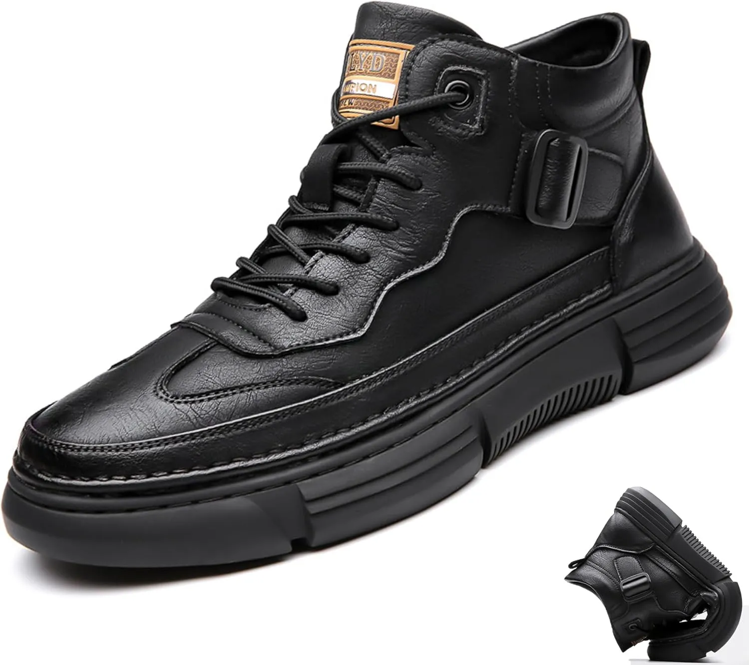 Mens Casual Driving Lace Up Black Leather Chukka Hiking Boots Hand Stitching Platform Non-Slip Shock Absorption Autumn&Winter Warm Ankle Work Shoe
