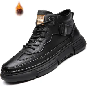 Mens Casual Driving Lace Up Black Leather Chukka Hiking Boots Hand Stitching Platform Non-Slip Shock Absorption Autumn&Winter Warm Ankle Work Shoe