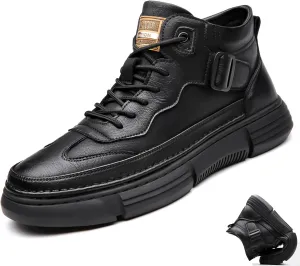 Mens Casual Driving Lace Up Black Leather Chukka Hiking Boots Hand Stitching Platform Non-Slip Shock Absorption Autumn&Winter Warm Ankle Work Shoe