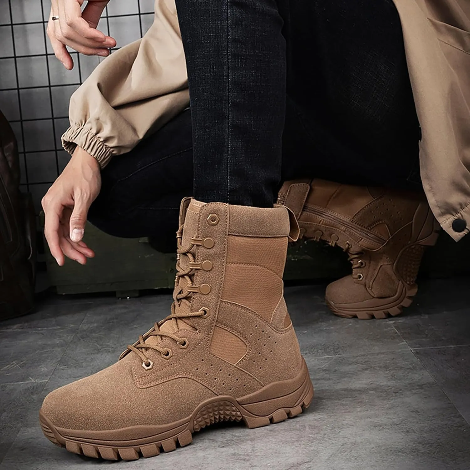 Mens Combat Boots Breathable Police Patrol Boots Lightweight Army Boots Waterproof Hiking Boots Military Tactical Boots
