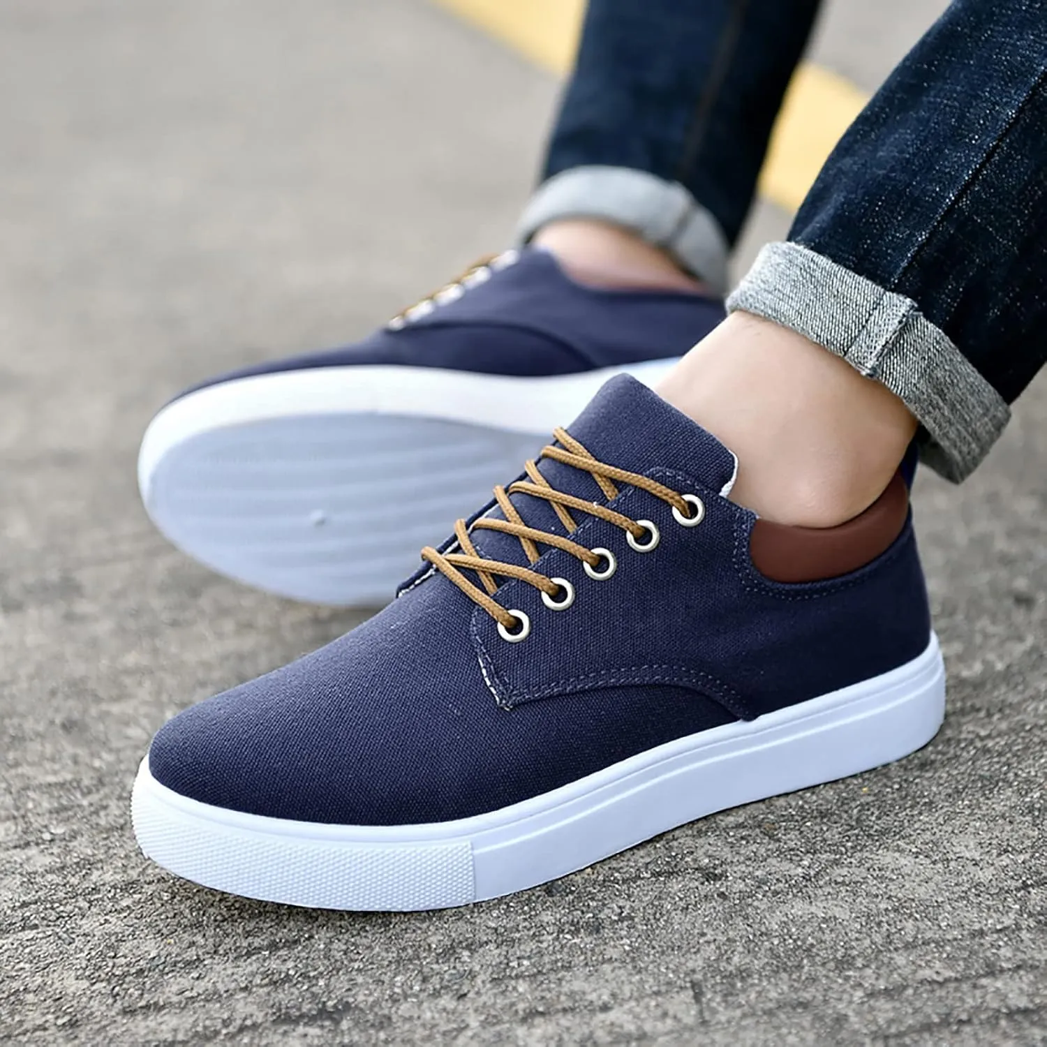 Mens Fashion Sneakers Low Top Flat Bottom Lightweight Canvas Casual Sports Shoes Lace up Breathable Non Slip Comfortable Simple Walking Shoes for Men