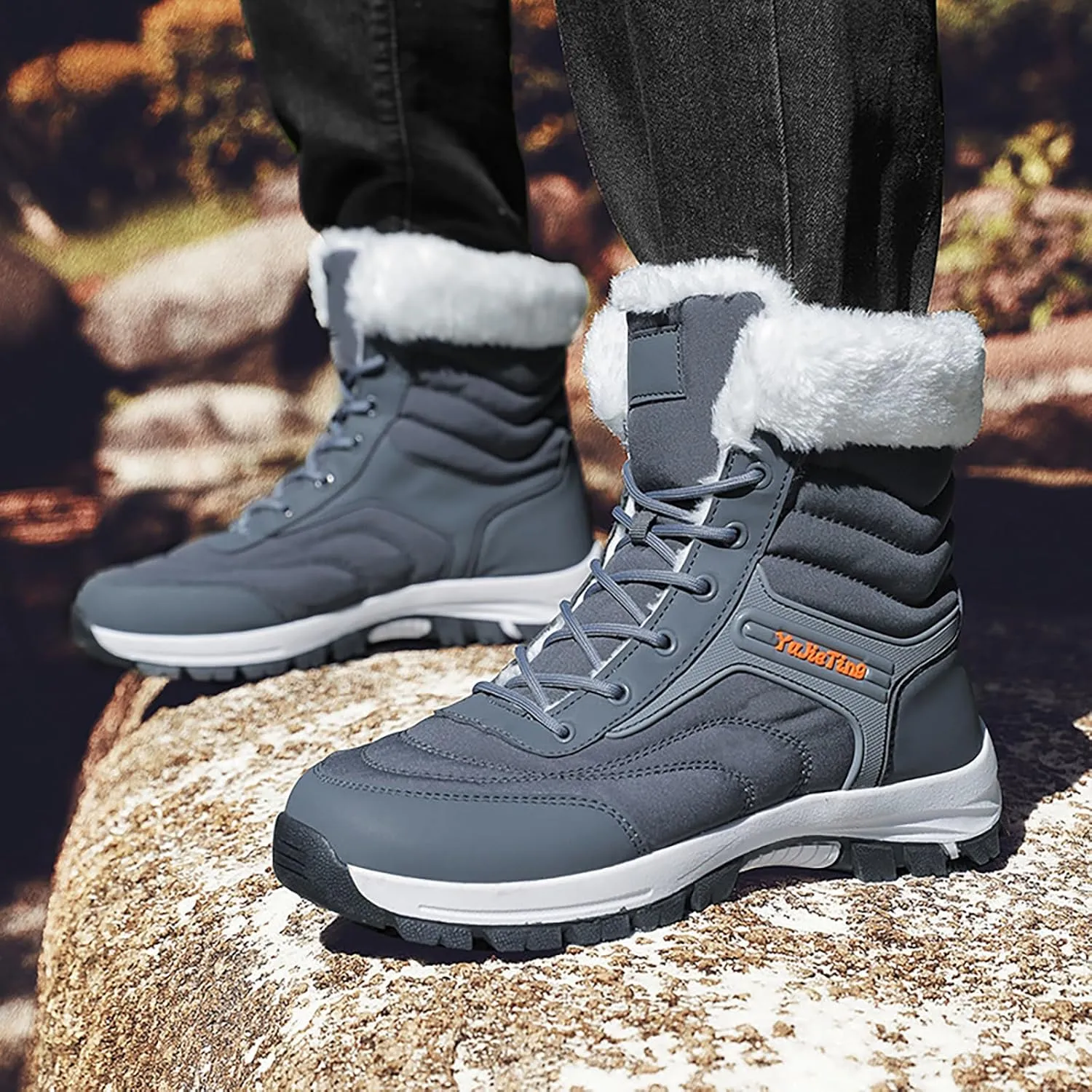 Men's Waterproof Lace-Up Slip-On Snow Boots Comfort Warm Fully Fur Lined Non-Slip Flat Hiking Ankle Boots for Winter Outdoor Climbing Work Boots