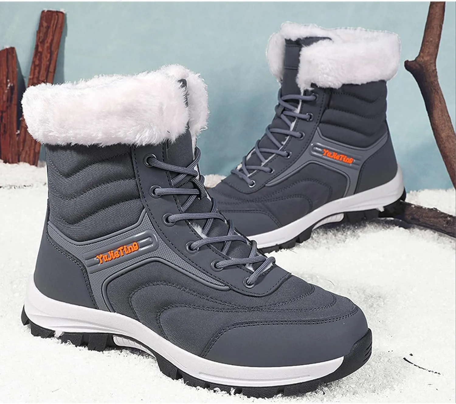 Men's Waterproof Lace-Up Slip-On Snow Boots Comfort Warm Fully Fur Lined Non-Slip Flat Hiking Ankle Boots for Winter Outdoor Climbing Work Boots
