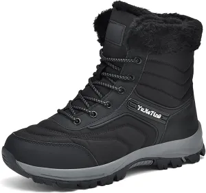 Men's Waterproof Lace-Up Slip-On Snow Boots Comfort Warm Fully Fur Lined Non-Slip Flat Hiking Ankle Boots for Winter Outdoor Climbing Work Boots