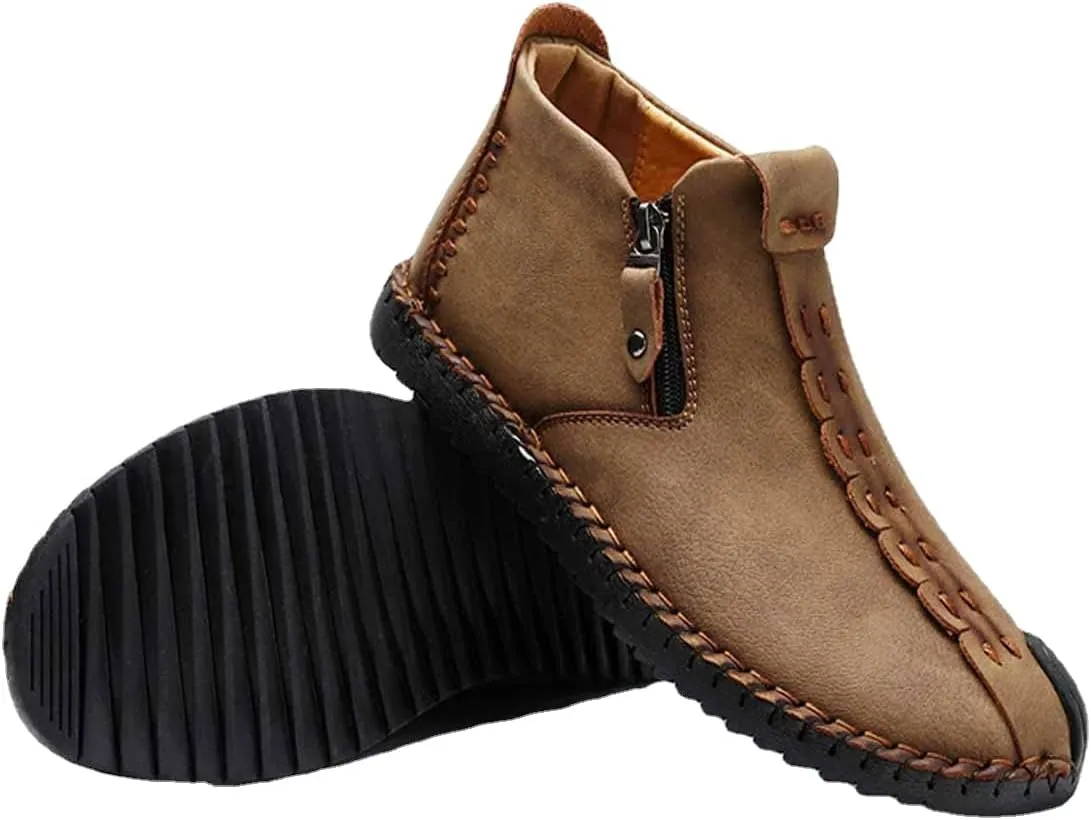 MSYINGL Mens Hand Stitching Ankle Boots,Side Zipper Leather Casual Shoes Loafers,Walking Shoes for Work Office Dress Outdoor