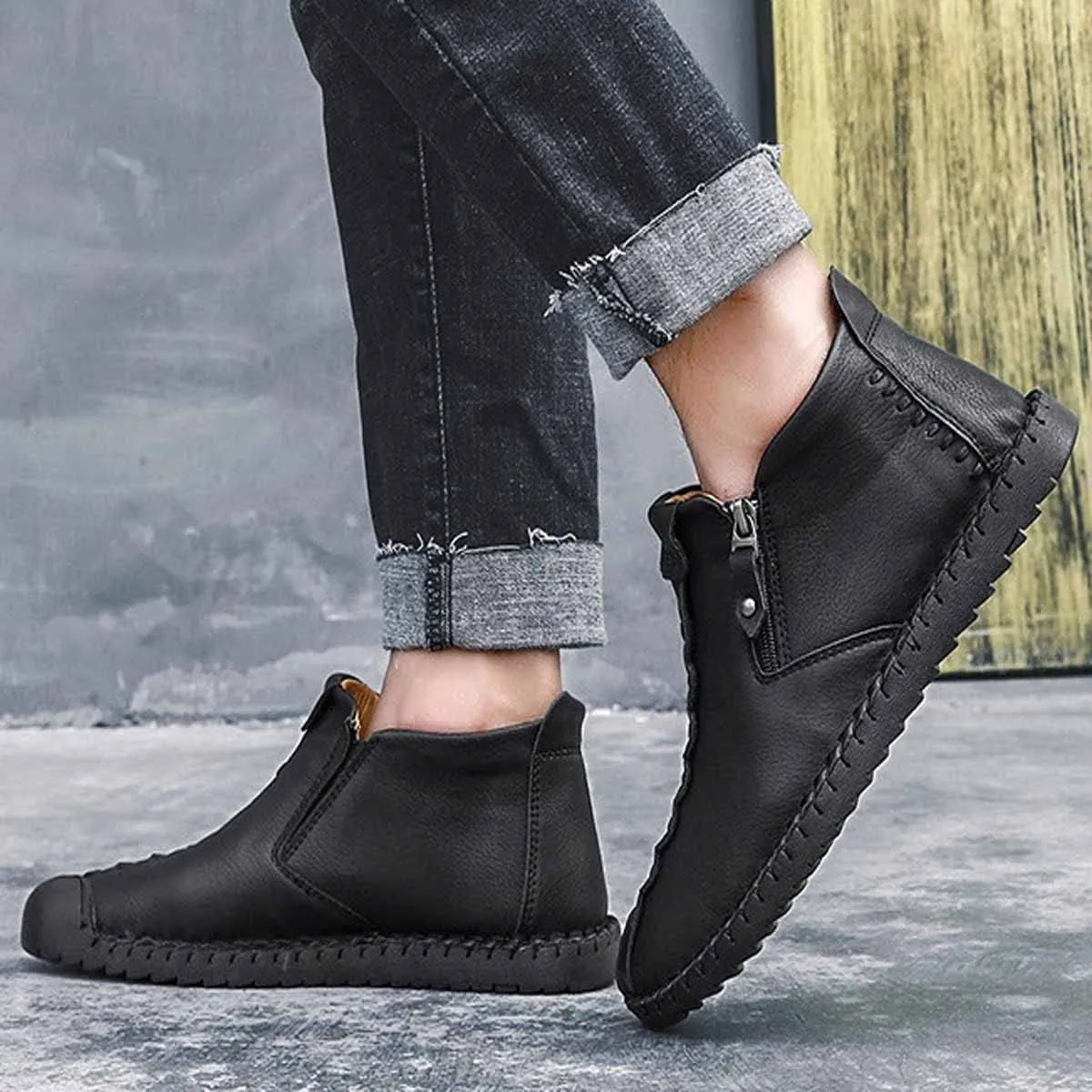 MSYINGL Mens Hand Stitching Ankle Boots,Side Zipper Leather Casual Shoes Loafers,Walking Shoes for Work Office Dress Outdoor