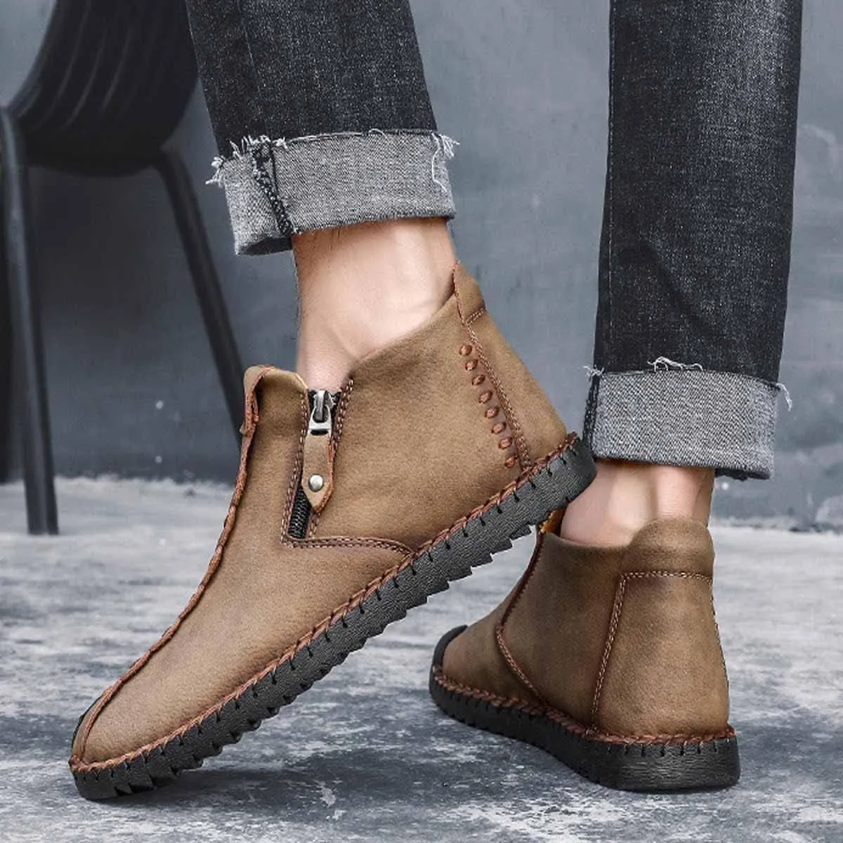 MSYINGL Mens Hand Stitching Ankle Boots,Side Zipper Leather Casual Shoes Loafers,Walking Shoes for Work Office Dress Outdoor