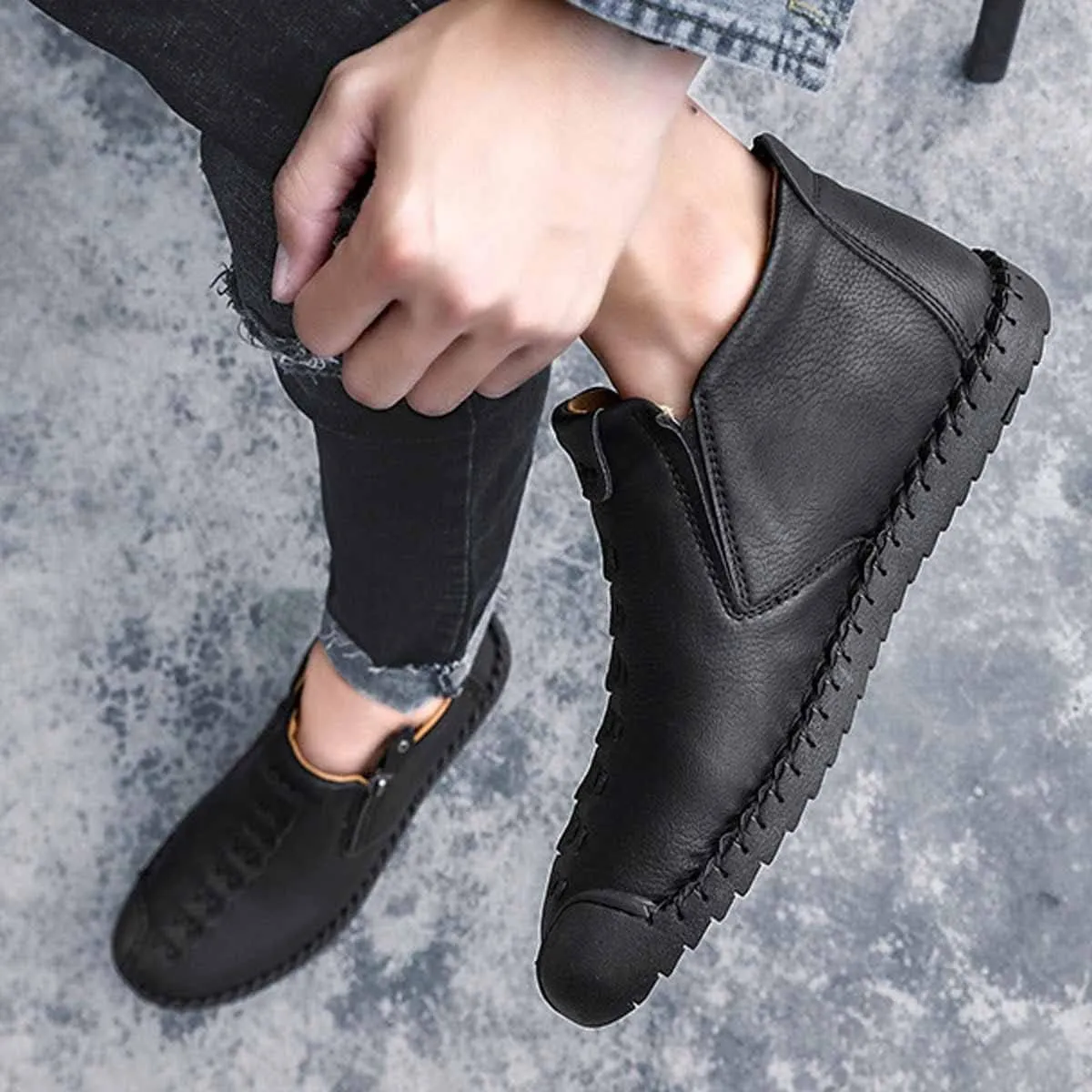 MSYINGL Mens Hand Stitching Ankle Boots,Side Zipper Leather Casual Shoes Loafers,Walking Shoes for Work Office Dress Outdoor