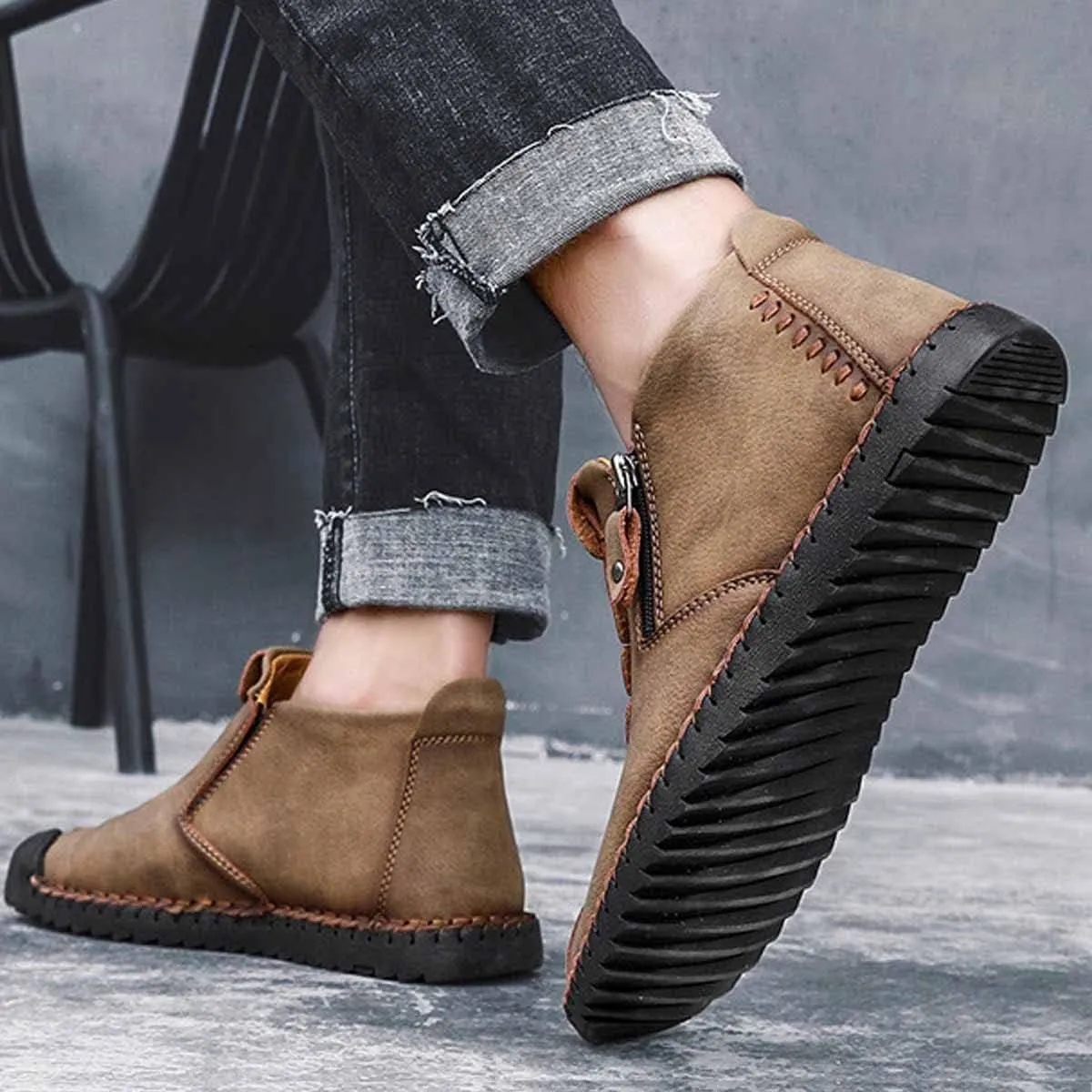MSYINGL Mens Hand Stitching Ankle Boots,Side Zipper Leather Casual Shoes Loafers,Walking Shoes for Work Office Dress Outdoor