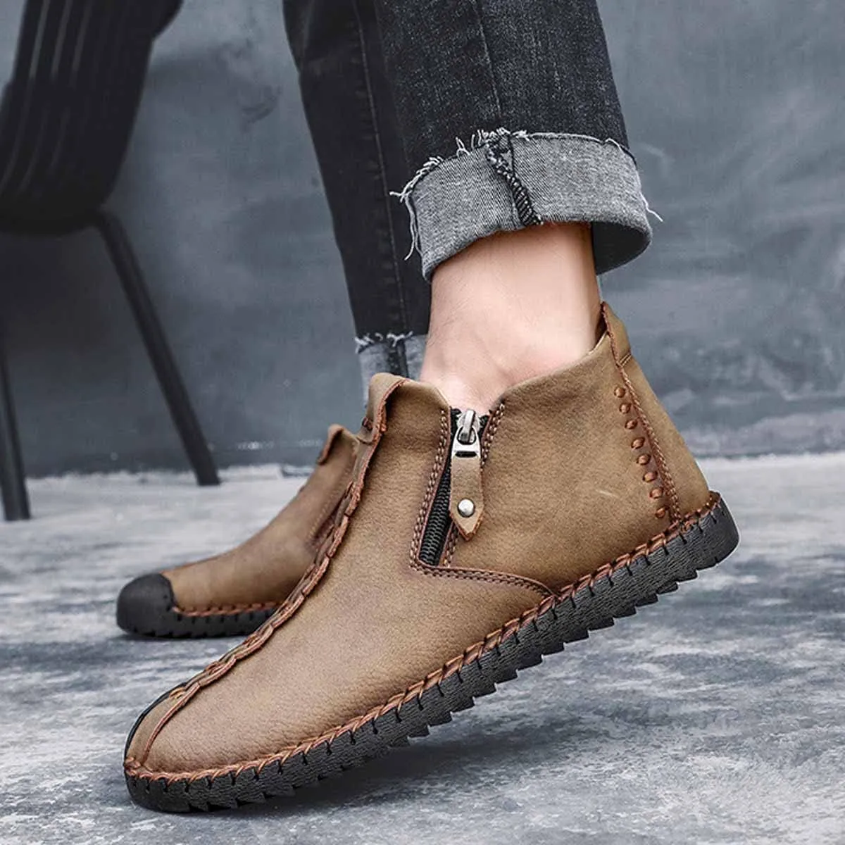 MSYINGL Mens Hand Stitching Ankle Boots,Side Zipper Leather Casual Shoes Loafers,Walking Shoes for Work Office Dress Outdoor
