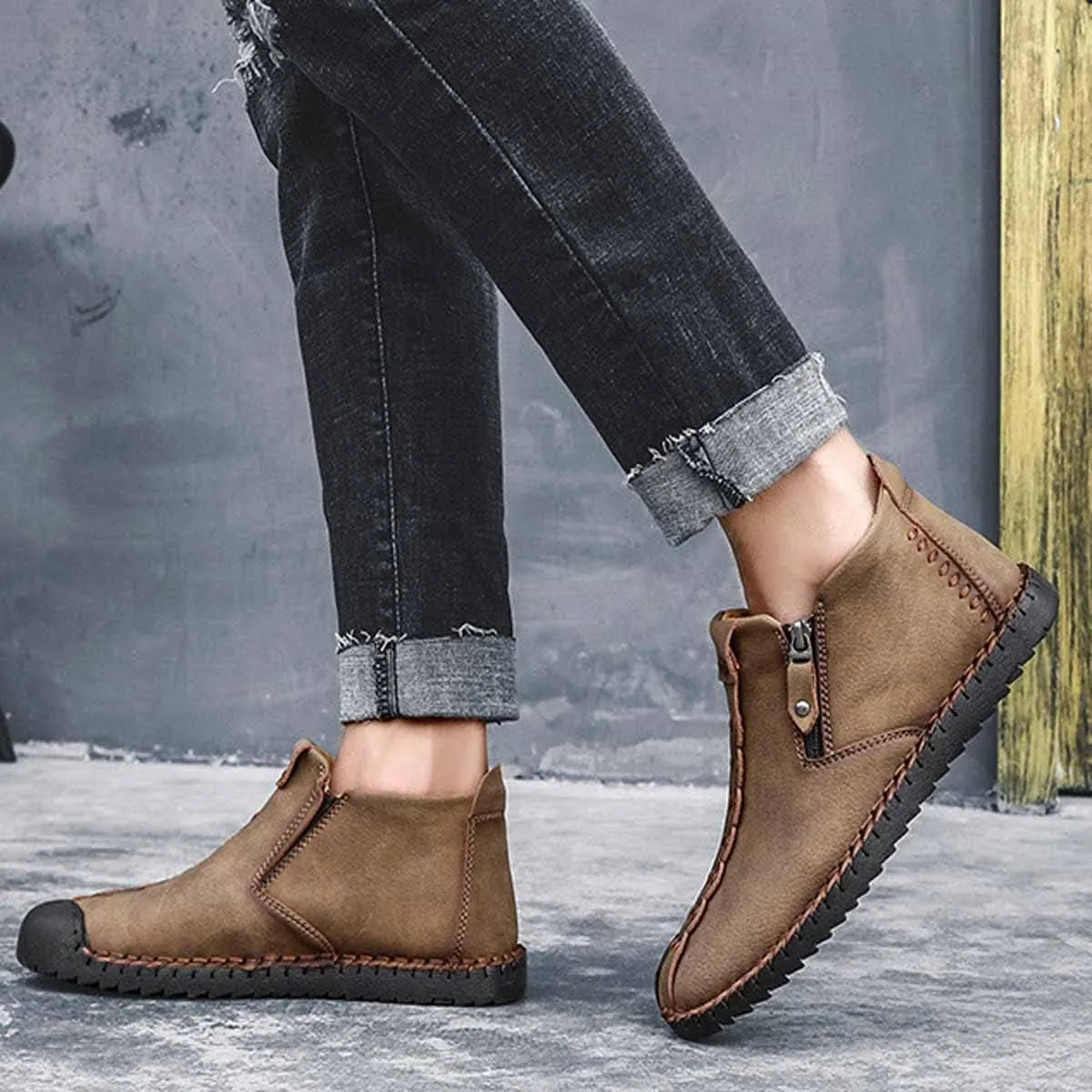 MSYINGL Mens Hand Stitching Ankle Boots,Side Zipper Leather Casual Shoes Loafers,Walking Shoes for Work Office Dress Outdoor