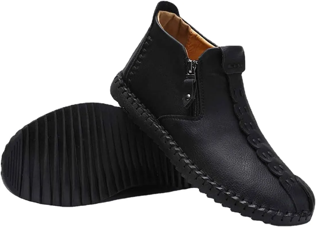MSYINGL Mens Hand Stitching Ankle Boots,Side Zipper Leather Casual Shoes Loafers,Walking Shoes for Work Office Dress Outdoor