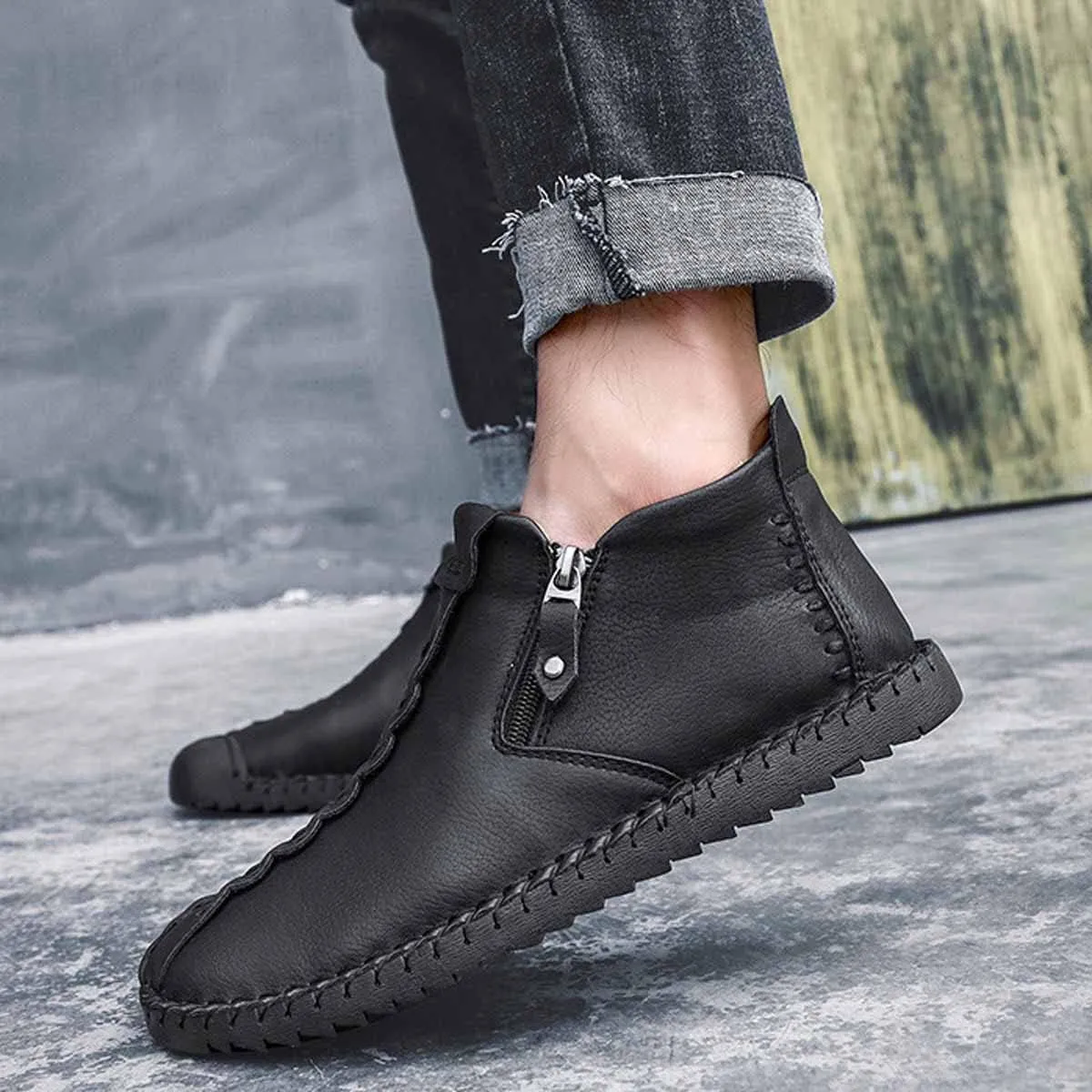MSYINGL Mens Hand Stitching Ankle Boots,Side Zipper Leather Casual Shoes Loafers,Walking Shoes for Work Office Dress Outdoor