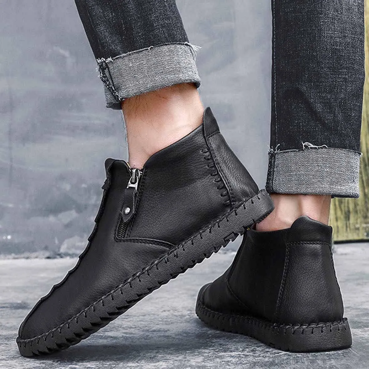 MSYINGL Mens Hand Stitching Ankle Boots,Side Zipper Leather Casual Shoes Loafers,Walking Shoes for Work Office Dress Outdoor