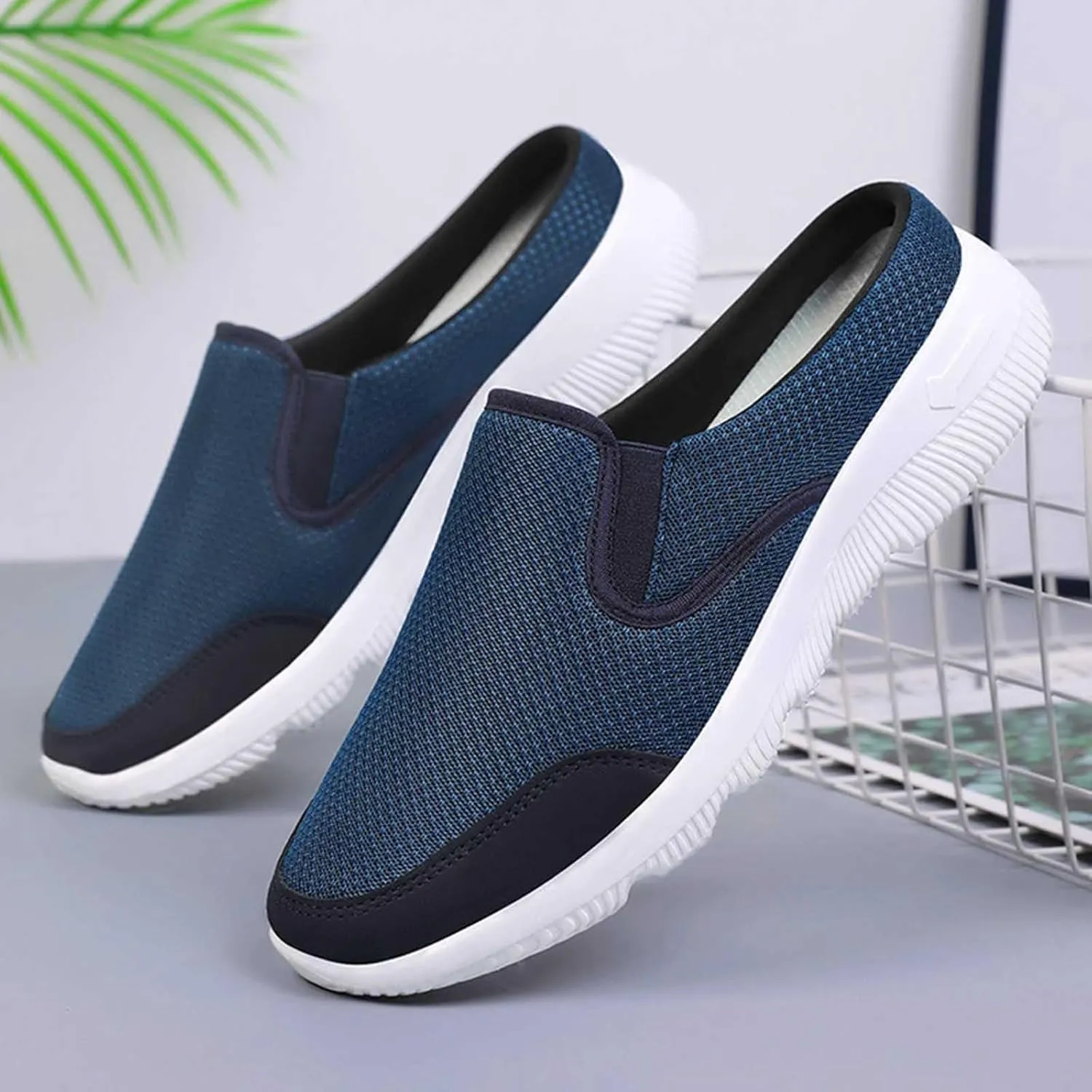 Non Slip Work Sport Shoes for Men Breathable Elastic Fly Woven Mesh Sneaker Casual Soft Flat Soled Walking Shoes
