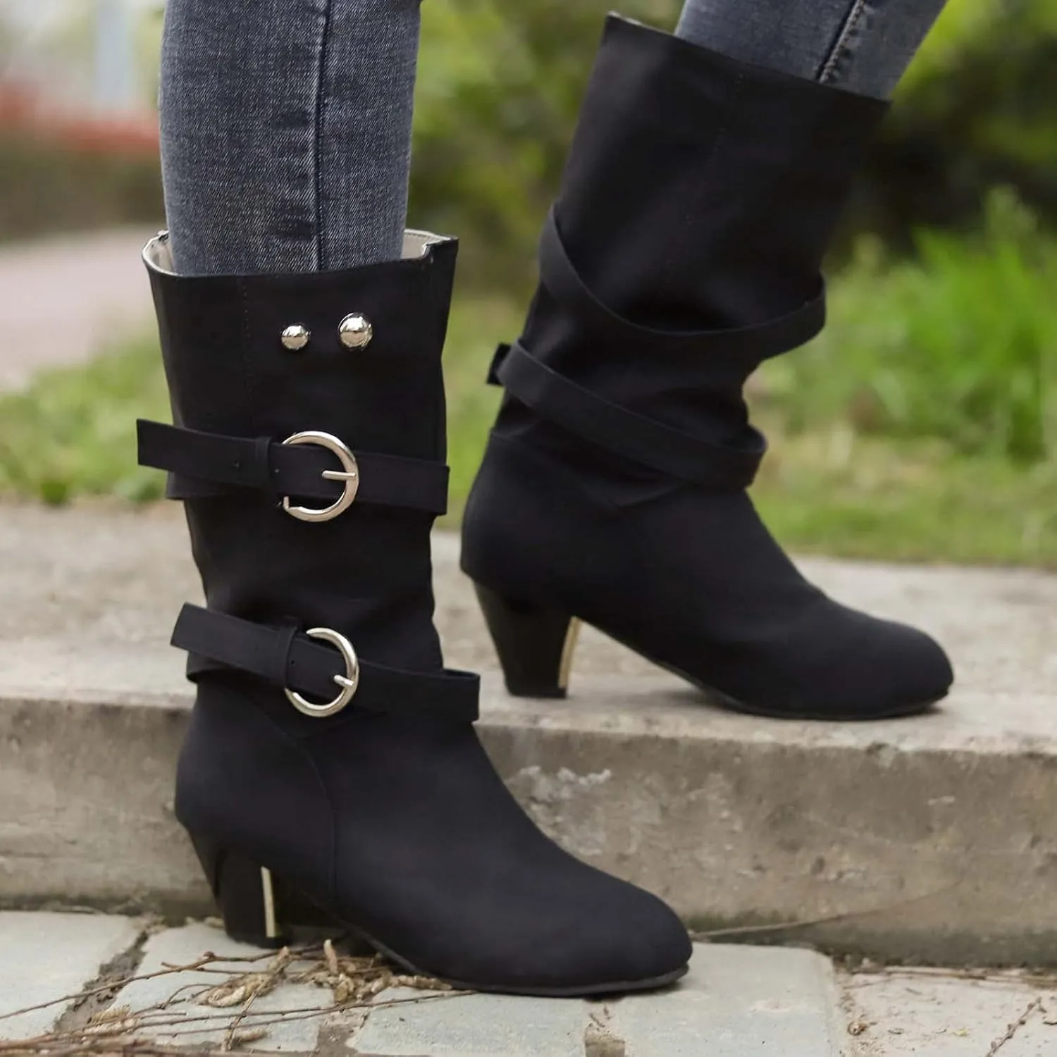 oiangi Womens Chunky Heel Mid-Calf Boots Fashion Round Toe Double Belt Buckle Studded Square Heel High Heel Boots Trendy Comfortable Casual Shoes