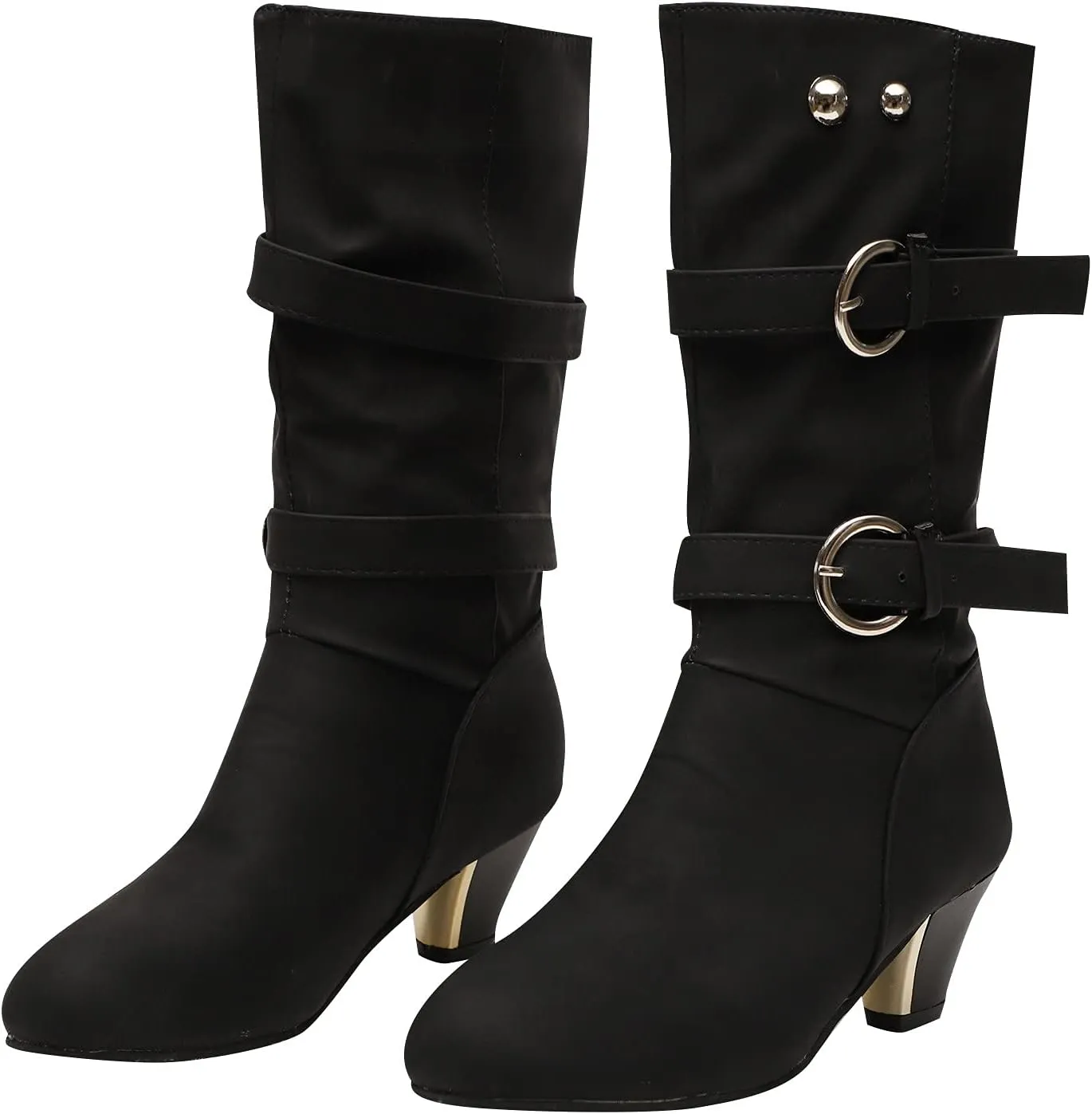 oiangi Womens Chunky Heel Mid-Calf Boots Fashion Round Toe Double Belt Buckle Studded Square Heel High Heel Boots Trendy Comfortable Casual Shoes