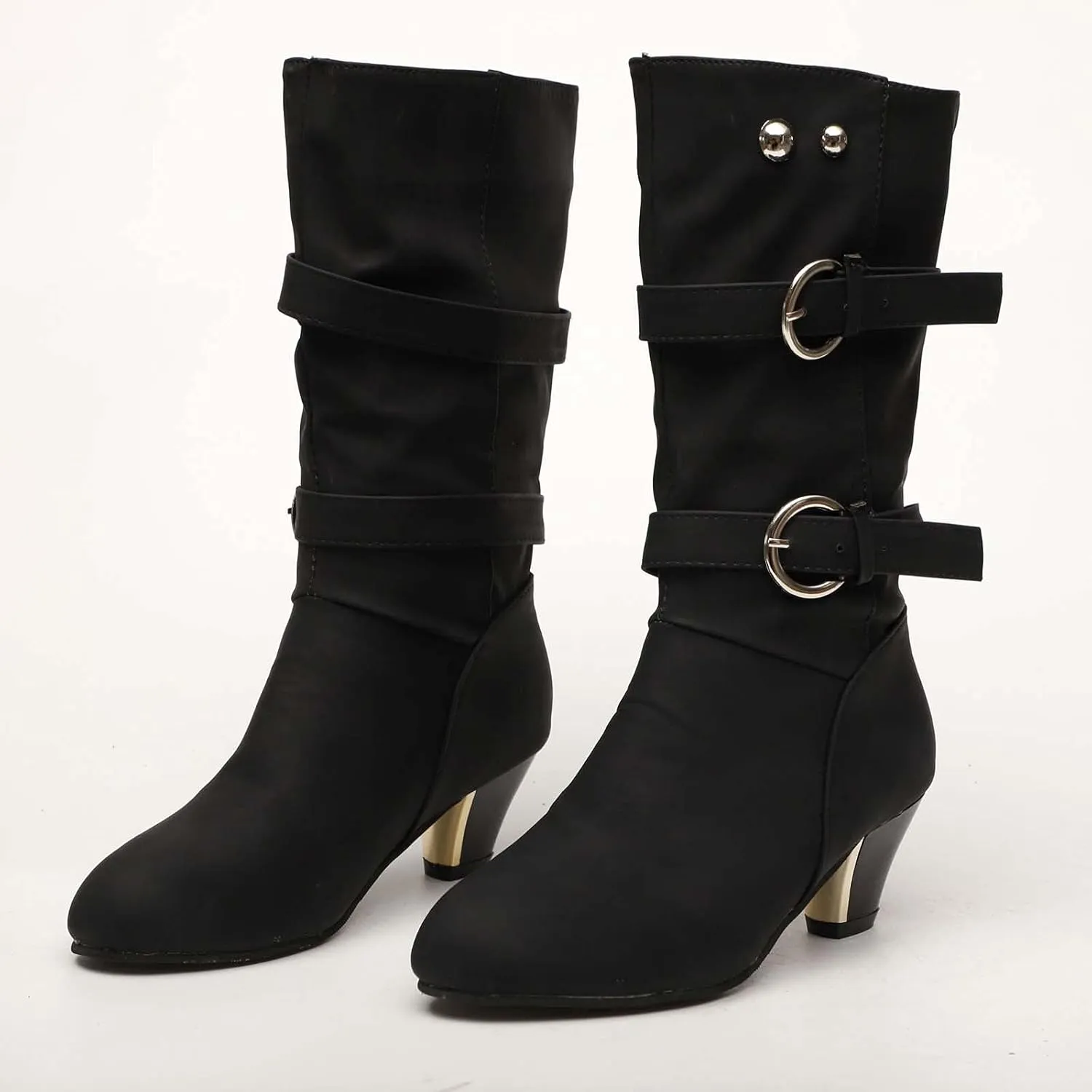 oiangi Womens Chunky Heel Mid-Calf Boots Fashion Round Toe Double Belt Buckle Studded Square Heel High Heel Boots Trendy Comfortable Casual Shoes