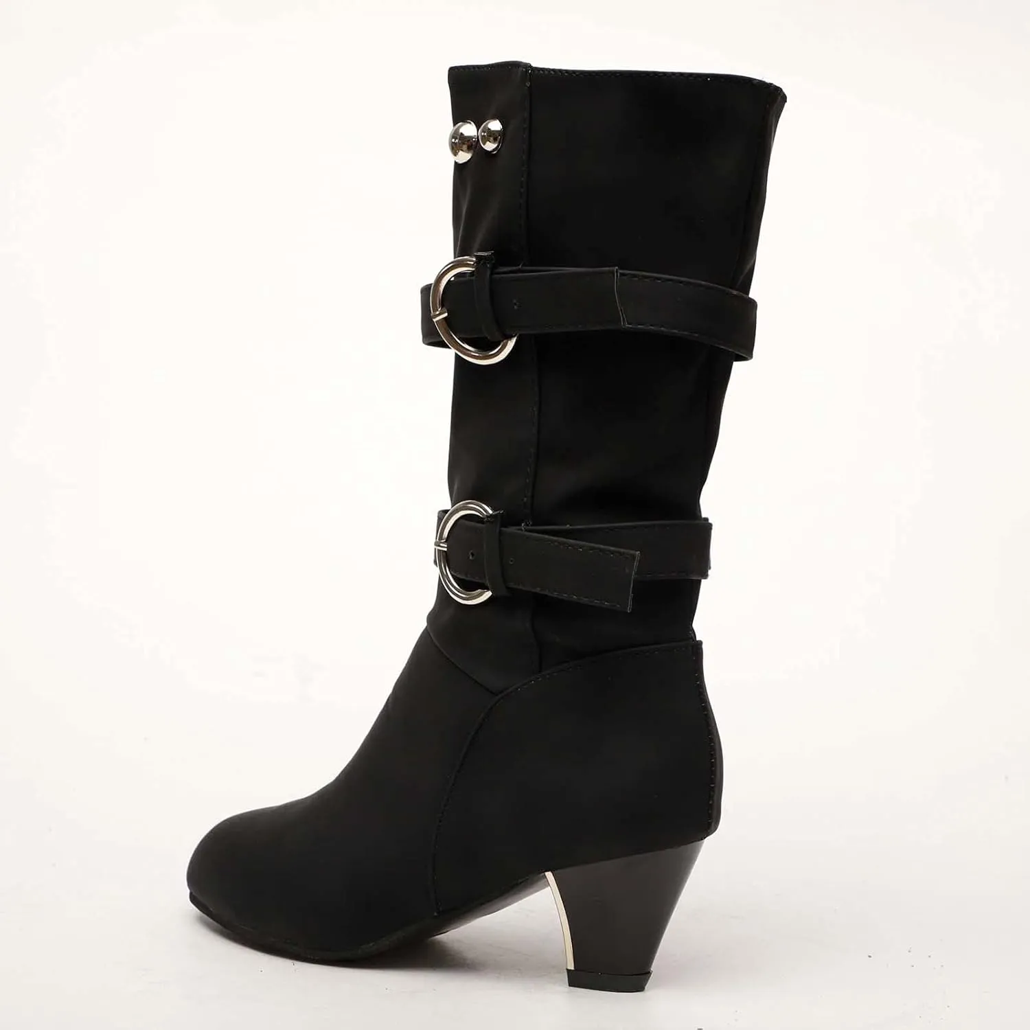 oiangi Womens Chunky Heel Mid-Calf Boots Fashion Round Toe Double Belt Buckle Studded Square Heel High Heel Boots Trendy Comfortable Casual Shoes