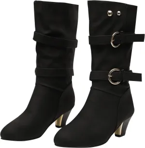 oiangi Womens Chunky Heel Mid-Calf Boots Fashion Round Toe Double Belt Buckle Studded Square Heel High Heel Boots Trendy Comfortable Casual Shoes