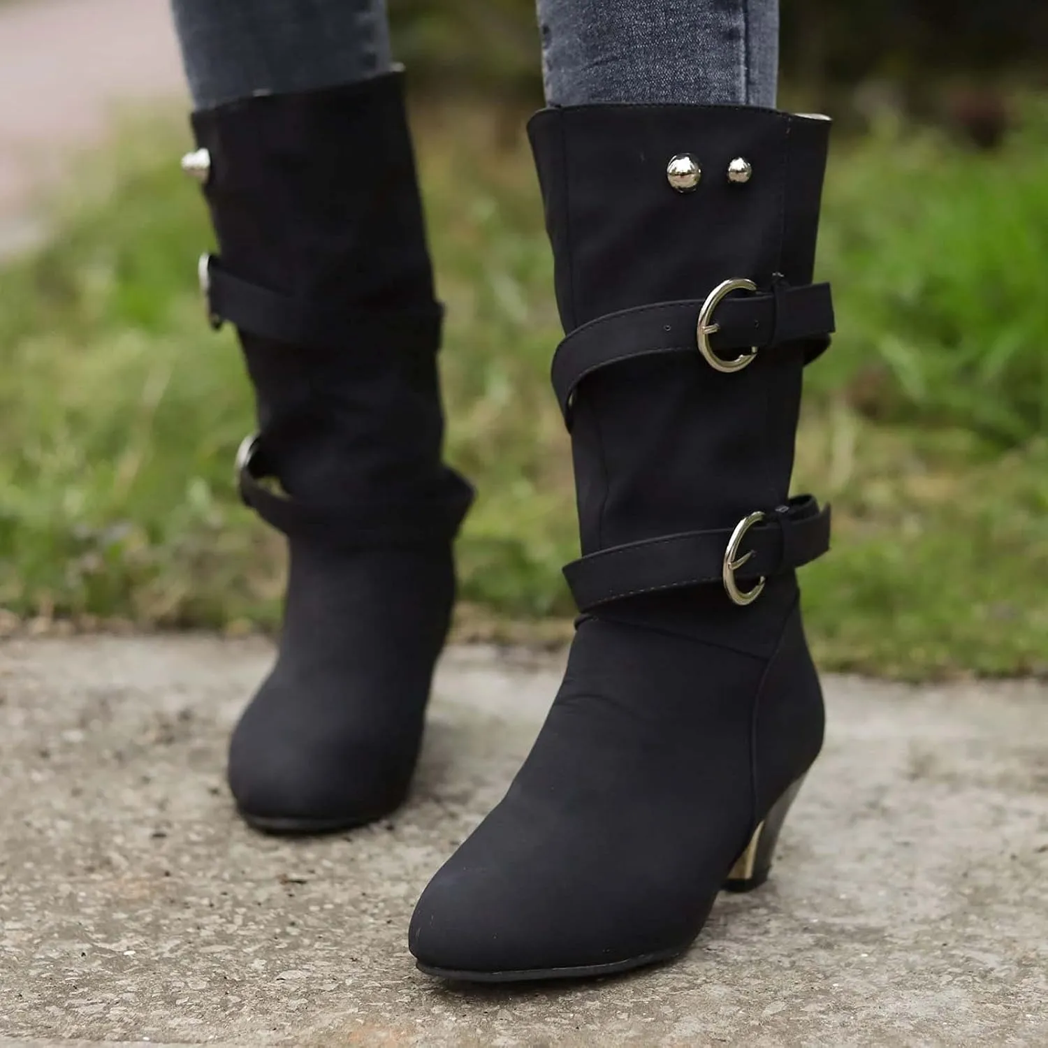 oiangi Womens Chunky Heel Mid-Calf Boots Fashion Round Toe Double Belt Buckle Studded Square Heel High Heel Boots Trendy Comfortable Casual Shoes