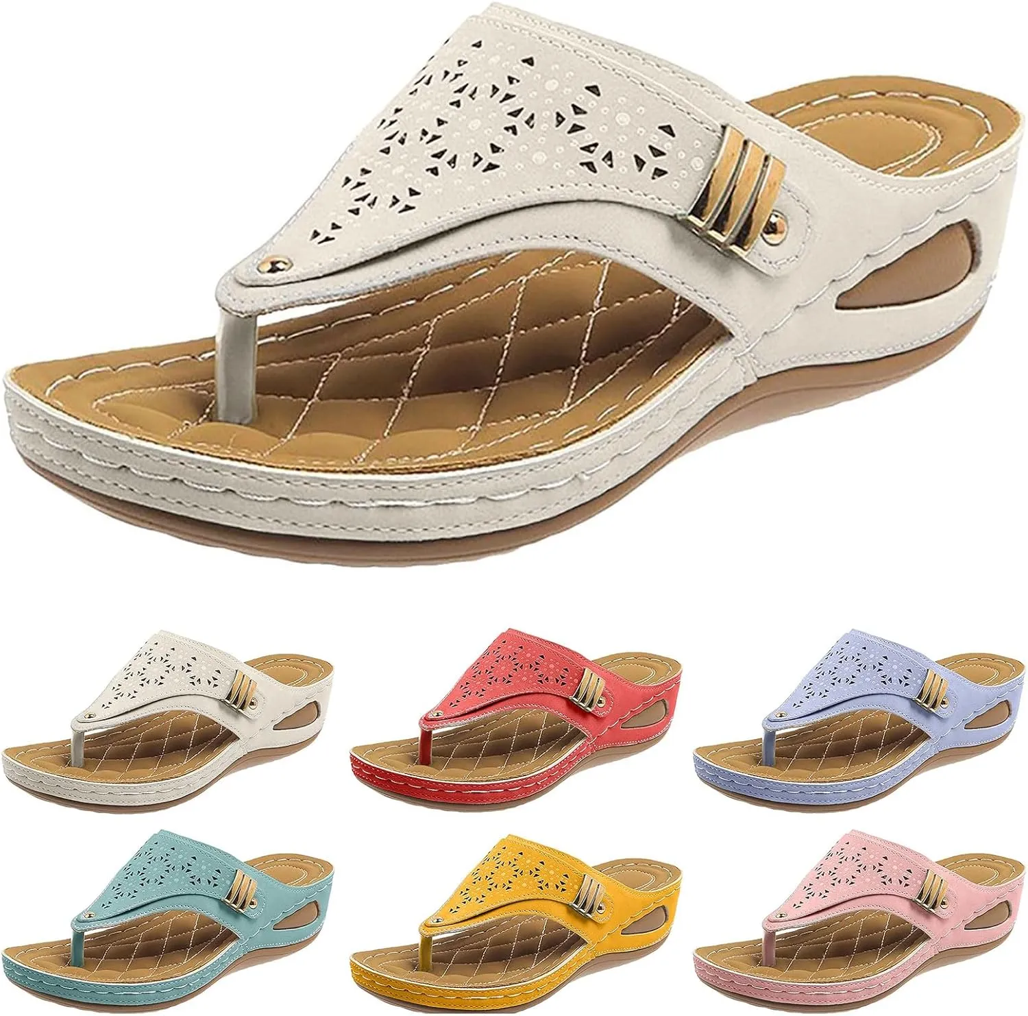 Orthopedic Sandals for Women Arch Support Summer Hollow Platform Wedge Flip-Flops Slip-On Slippers Breathable Walking Beach Shoes
