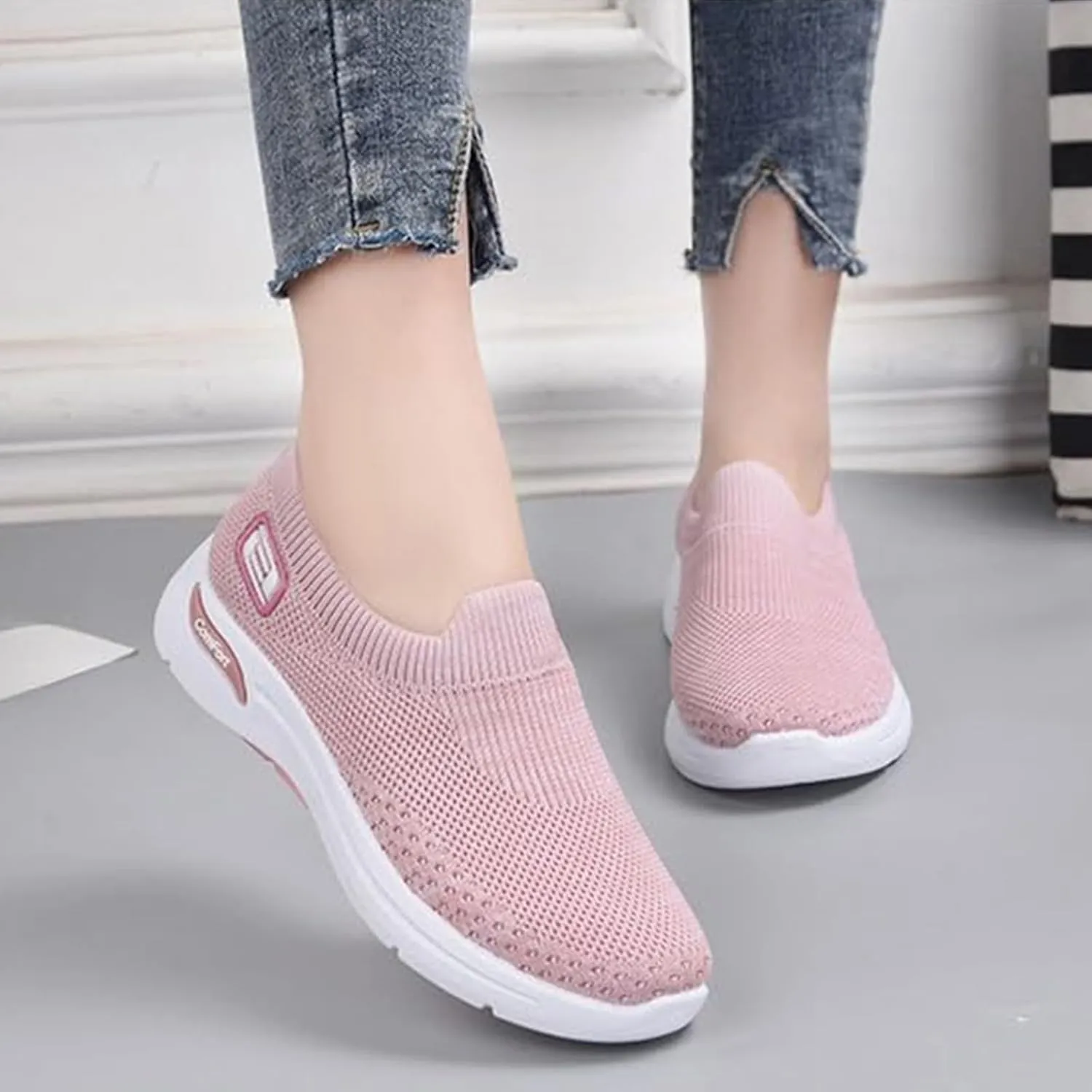 Orthopedic Sneakers for Women Arch Support Slip on Mesh Knitted Walking Shoes Breathable Non-Slip Work Shoes
